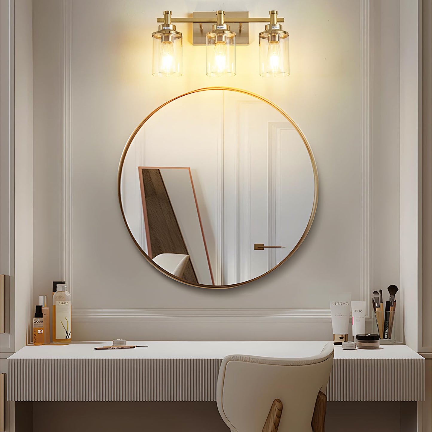 3 Light Bathroom Light Fixtures, Black and Brushed Gold Vanity Light Fixture Over Mirror, Modern Wall Sconces Lighting Wall Lamp for Bathroom, Bedroom, Hallway with Clear Glass Shade