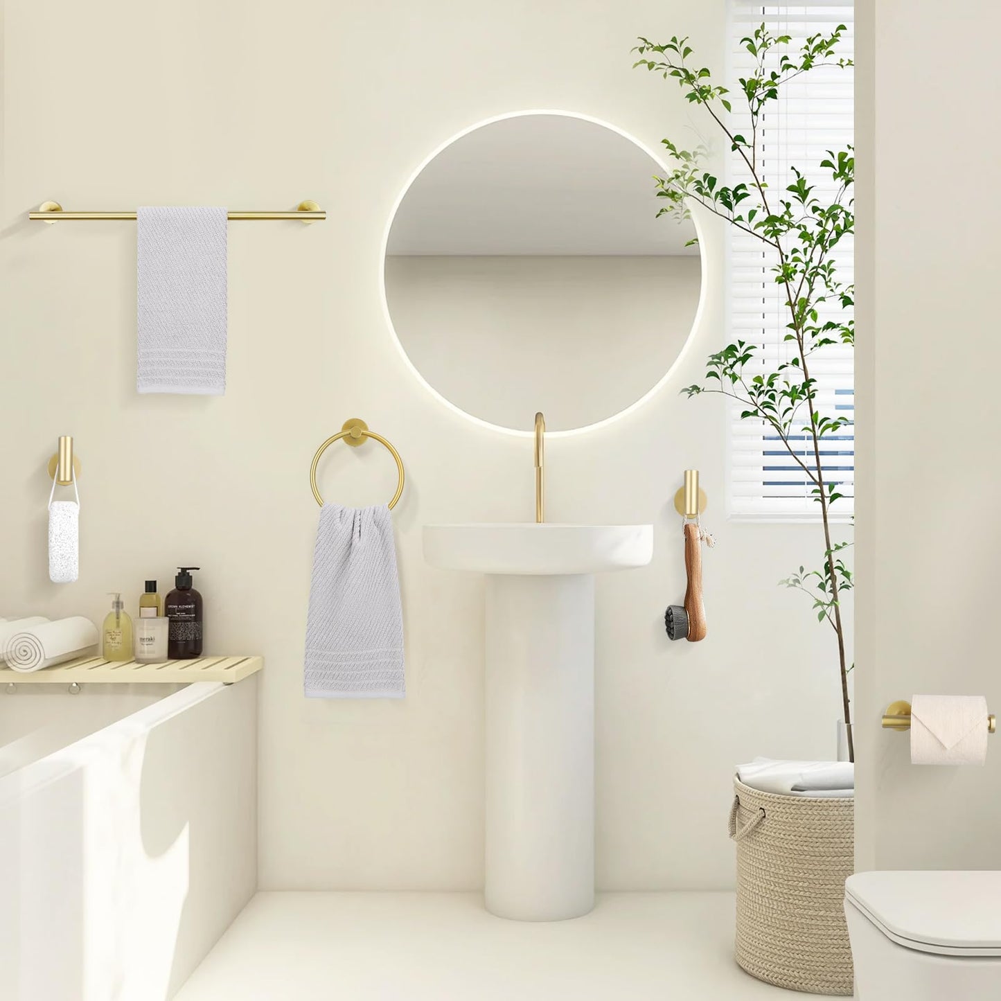 TURS Brushed Gold 5 Piece Bathroom Hardware Set, SUS304 Stainless Steel 24 Inch Bath Towel Bar Set, Round Bathroom Accessories Kit Wall Mounted