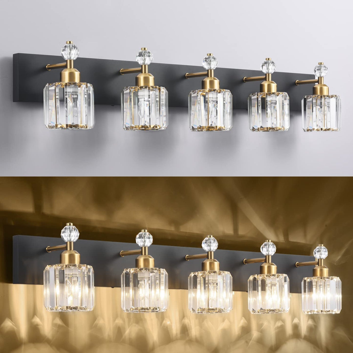 PRESDE Black Gold Crystal Bathroom Vanity Lights Fixtures Over Mirror Modern 3 Light Bath Wall Lighting