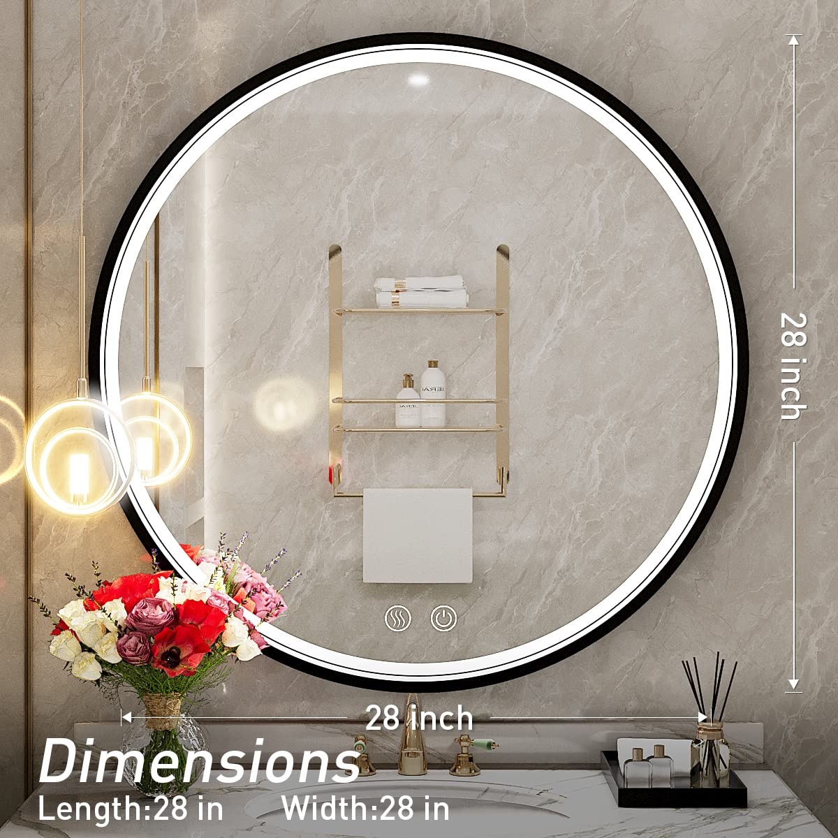 LED Round Mirror,36 Inch Gold Frame Bathroom Mirror with Light,6000K Lighted Vanity Mirror,Wall Mounted,Anti-Fog & Dimmable Touch Switch, Waterproof IP54