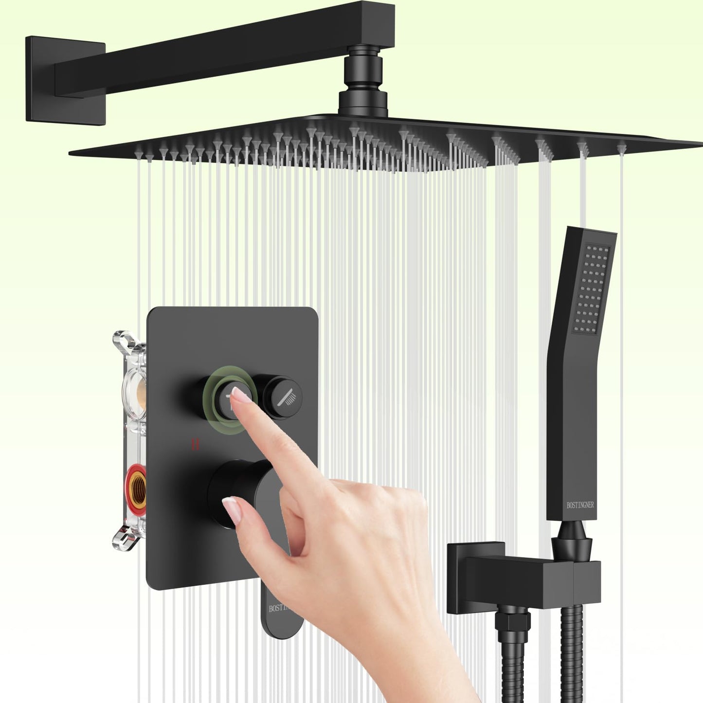 Matte Black Shower System, Shower Faucet Set with 3 Way Pressure Balance Valve and Trim Kit All Metal 10 Inch Rainfall Shower Head System Wall Mounted Can Use All Faucets At Same Time