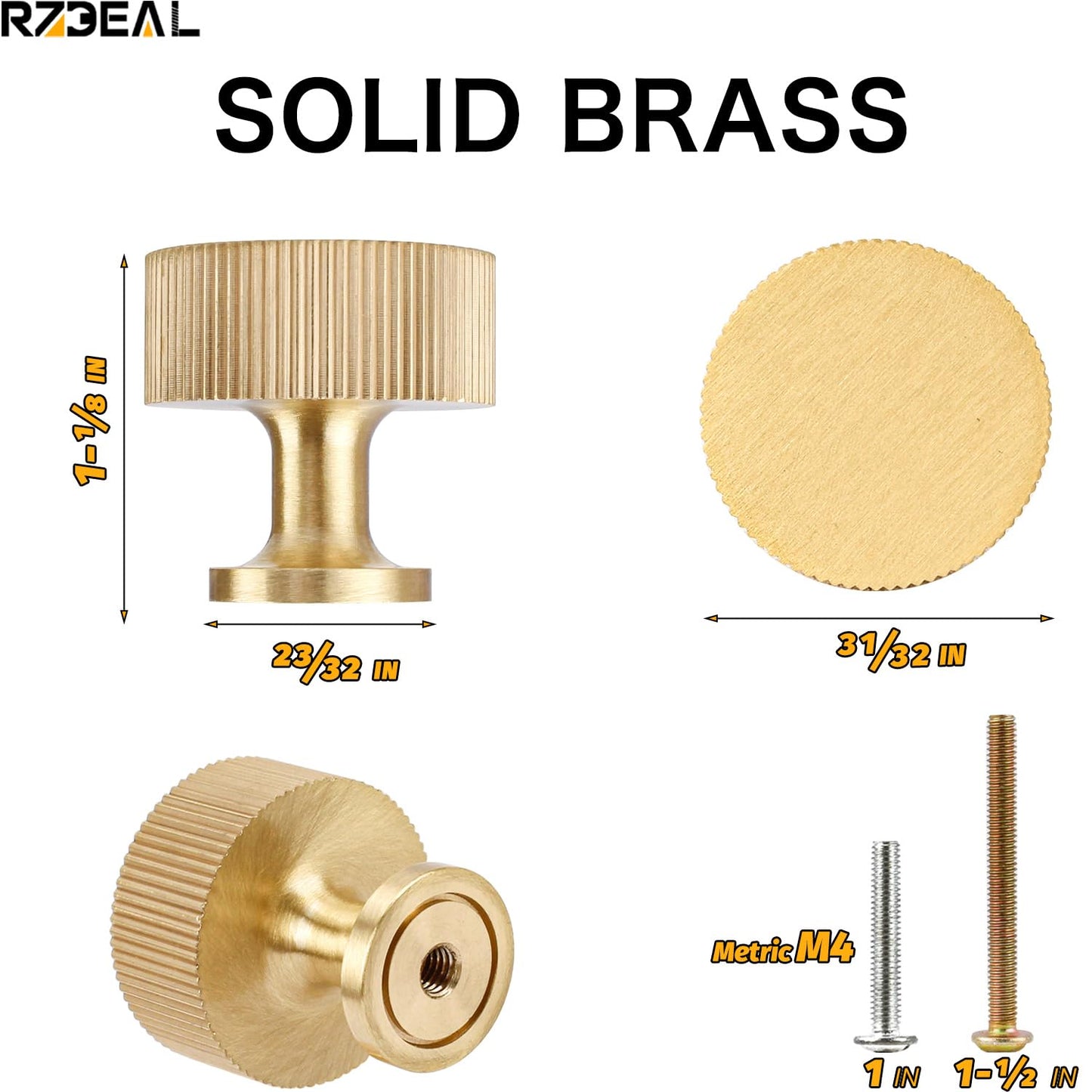 RZDEAL 4pcs Solid Brass Cabinet Knobs Pulls Cabinet Drawer Dresser Gold Knobs Modern Handles Knobs(1"x1"/25mmx25mm),Brushed Brass Finish