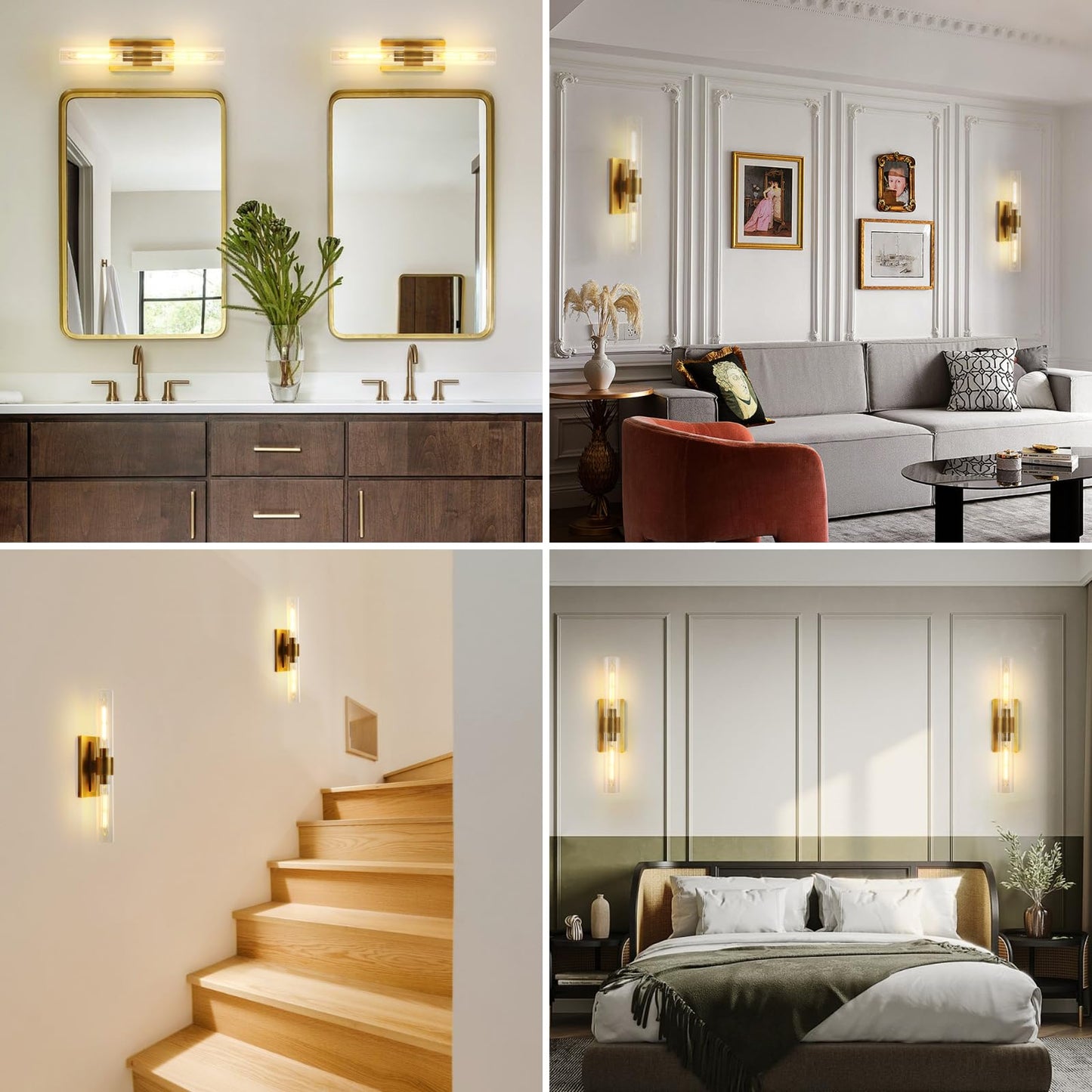 Brass Wall Sconces Set of Two, 22.8" Sconces Wall Lighting 2-Light, Gold Bathroom Vanity Wall Sconces, Glass Tube Wall Sconces, Indoor Wall Sconces for Bathroom, Bedroom, Vanity, Hallway