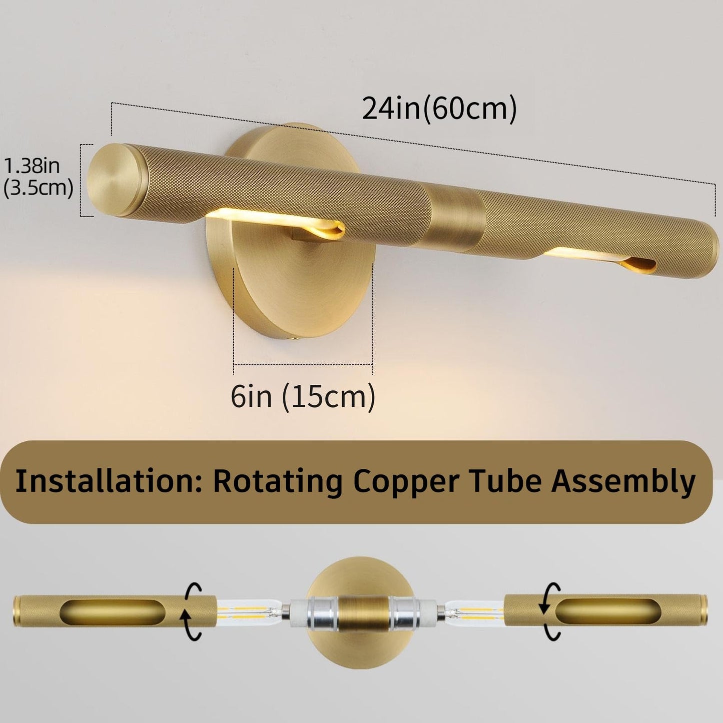Knurled Brass Picture Light,19 in Gold Picture Lights For Wall,Rotatable 360° Wall Sconces Lighting,Bathroom Vanity Light,Bathroom Wall Sconce,Linear Knurled texture Wall Sconce,Includes bulbs