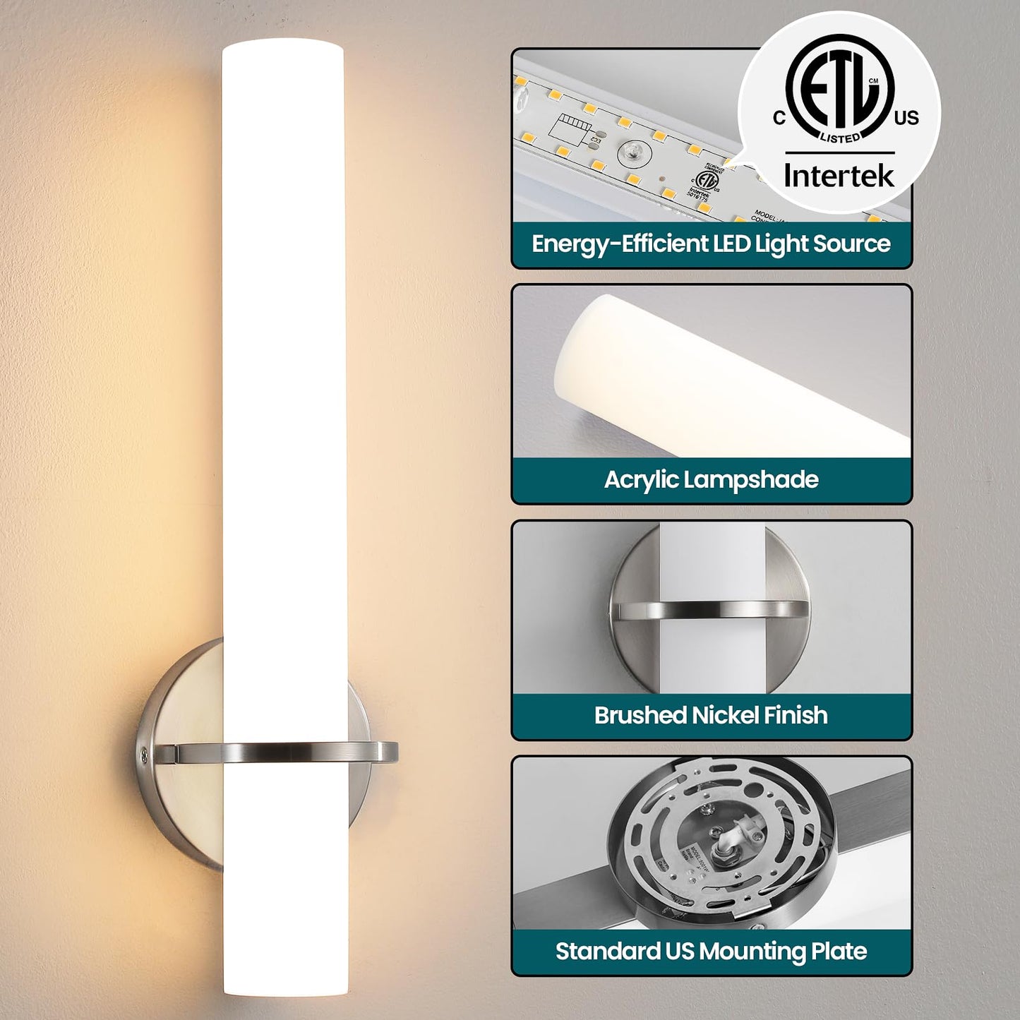 Gold Wall Sconces Set of Two - Dimmable Modern Sconces Wall Lighting 18W 3000K Led Wall Lights Acrylic Lampshade Hardwired Wall Light Fixtures for Living Room Bedroom Bathroom Hallway 18inch