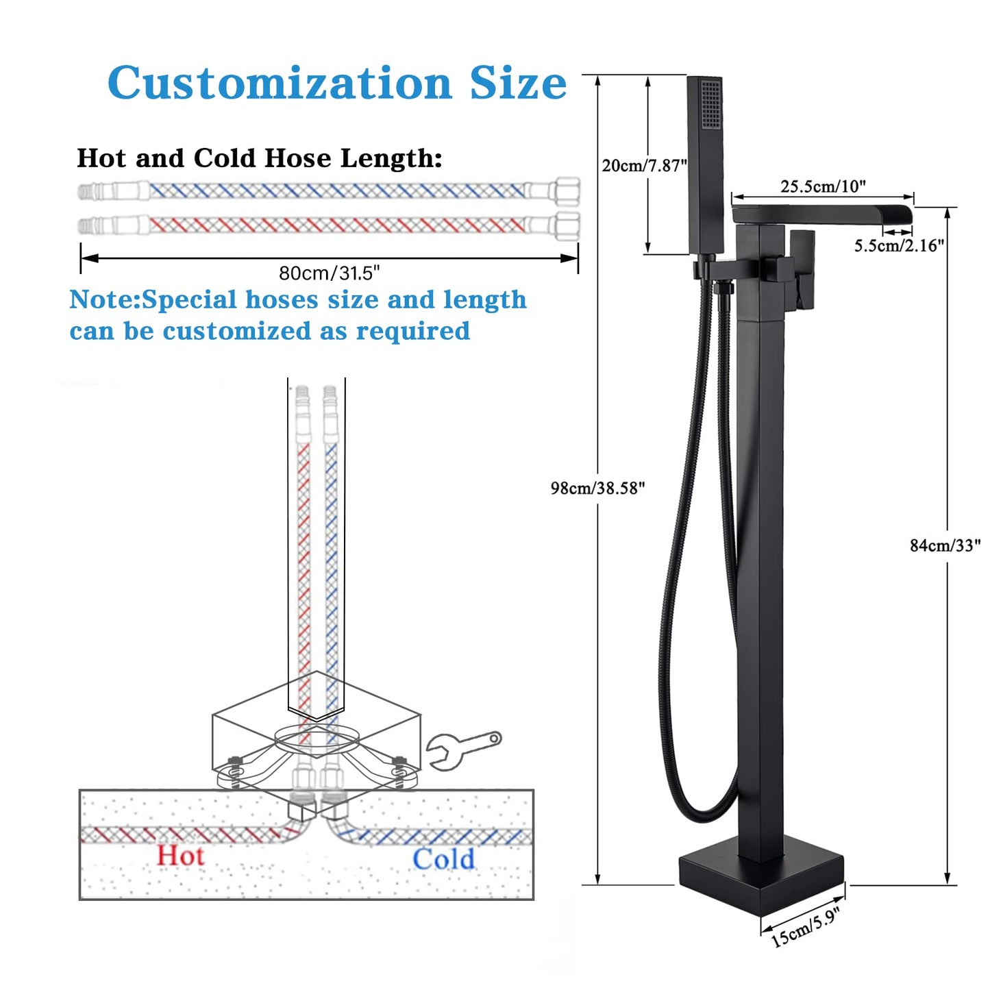 YAGATAP Freestanding Bathtub Faucet Floor Mount Tub Filler Matte Black High Flow Shower Faucets with Handheld Shower Mixer Taps Swivel Spout