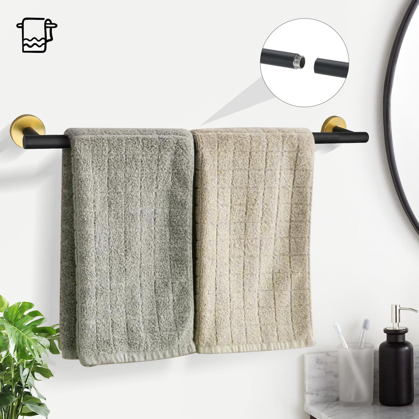 TURS Brushed Gold 5 Piece Bathroom Hardware Set, SUS304 Stainless Steel 24 Inch Bath Towel Bar Set, Round Bathroom Accessories Kit Wall Mounted