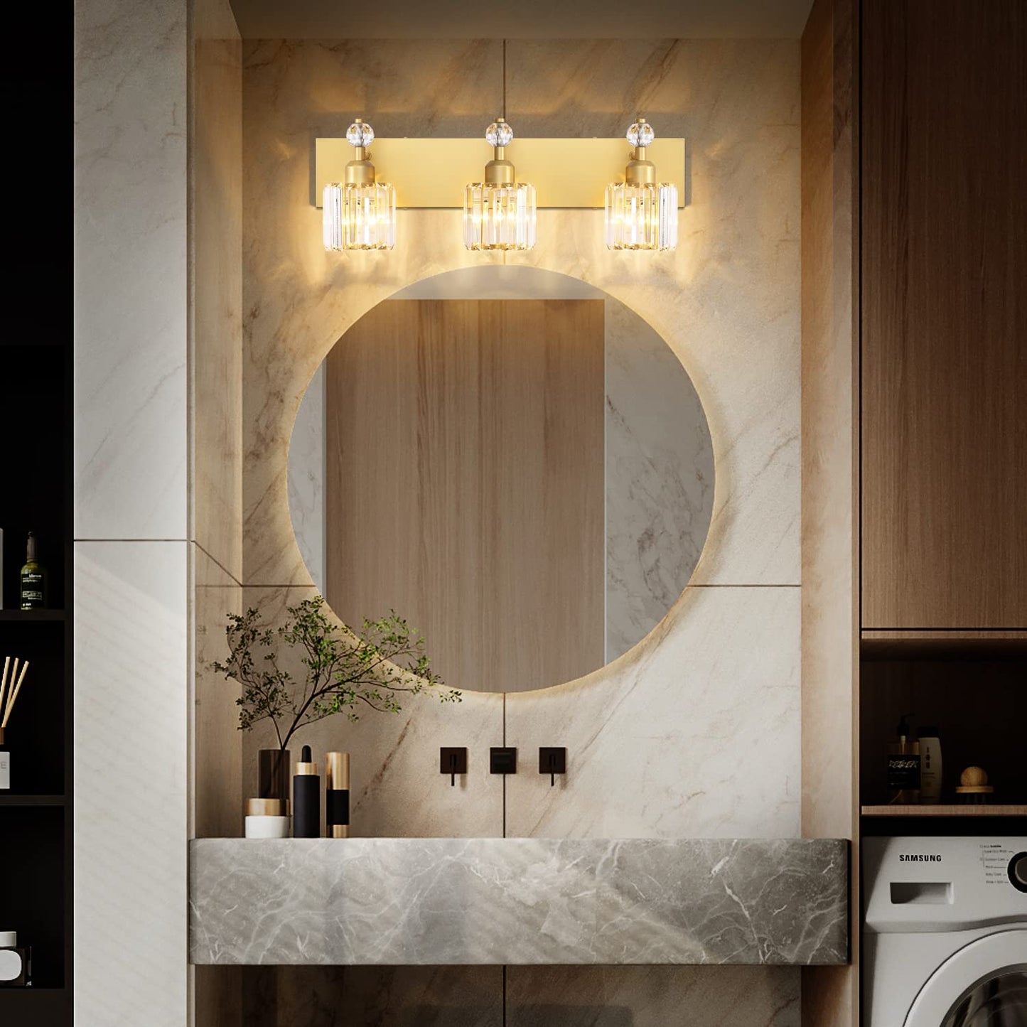 PRESDE Black Gold Crystal Bathroom Vanity Lights Fixtures Over Mirror Modern 3 Light Bath Wall Lighting