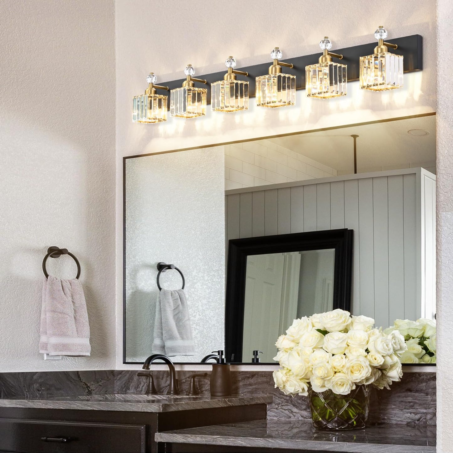PRESDE Black Gold Crystal Bathroom Vanity Lights Fixtures Over Mirror Modern 3 Light Bath Wall Lighting