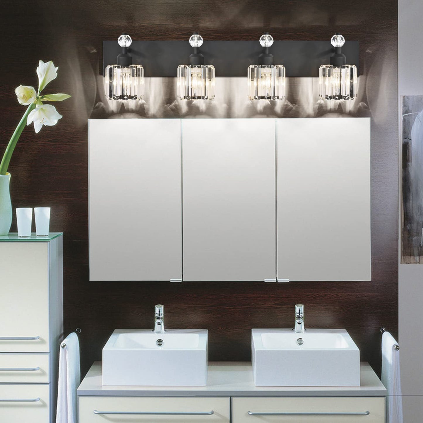 PRESDE Black Gold Crystal Bathroom Vanity Lights Fixtures Over Mirror Modern 3 Light Bath Wall Lighting