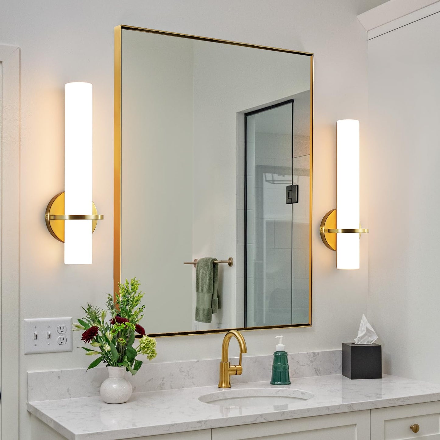 Gold Wall Sconces Set of Two - Dimmable Modern Sconces Wall Lighting 18W 3000K Led Wall Lights Acrylic Lampshade Hardwired Wall Light Fixtures for Living Room Bedroom Bathroom Hallway 18inch