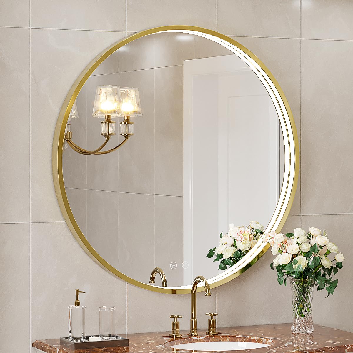 LED Round Mirror,36 Inch Gold Frame Bathroom Mirror with Light,6000K Lighted Vanity Mirror,Wall Mounted,Anti-Fog & Dimmable Touch Switch, Waterproof IP54