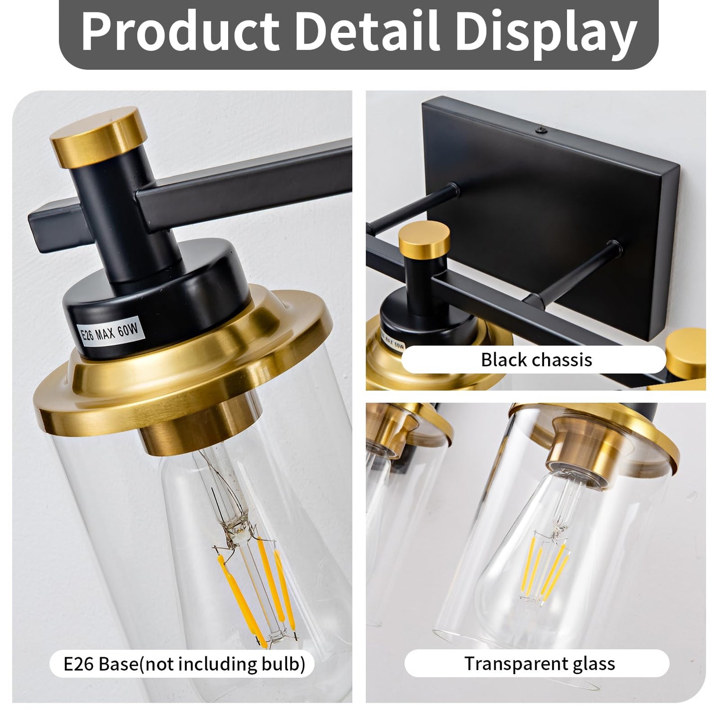 3 Light Bathroom Light Fixtures, Black and Brushed Gold Vanity Light Fixture Over Mirror, Modern Wall Sconces Lighting Wall Lamp for Bathroom, Bedroom, Hallway with Clear Glass Shade