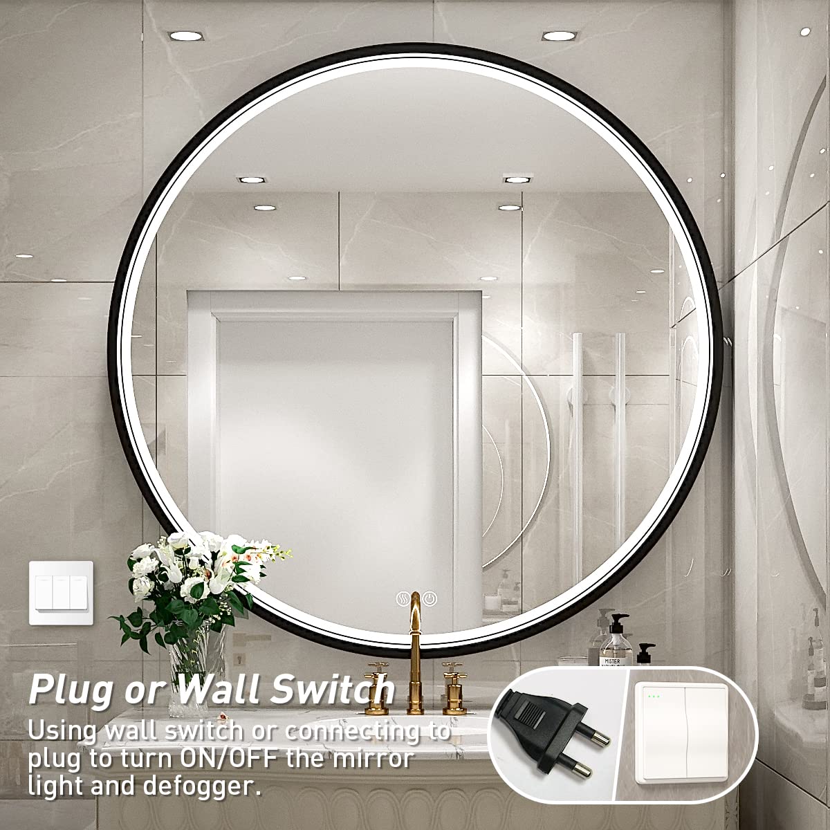 LED Round Mirror,36 Inch Gold Frame Bathroom Mirror with Light,6000K Lighted Vanity Mirror,Wall Mounted,Anti-Fog & Dimmable Touch Switch, Waterproof IP54