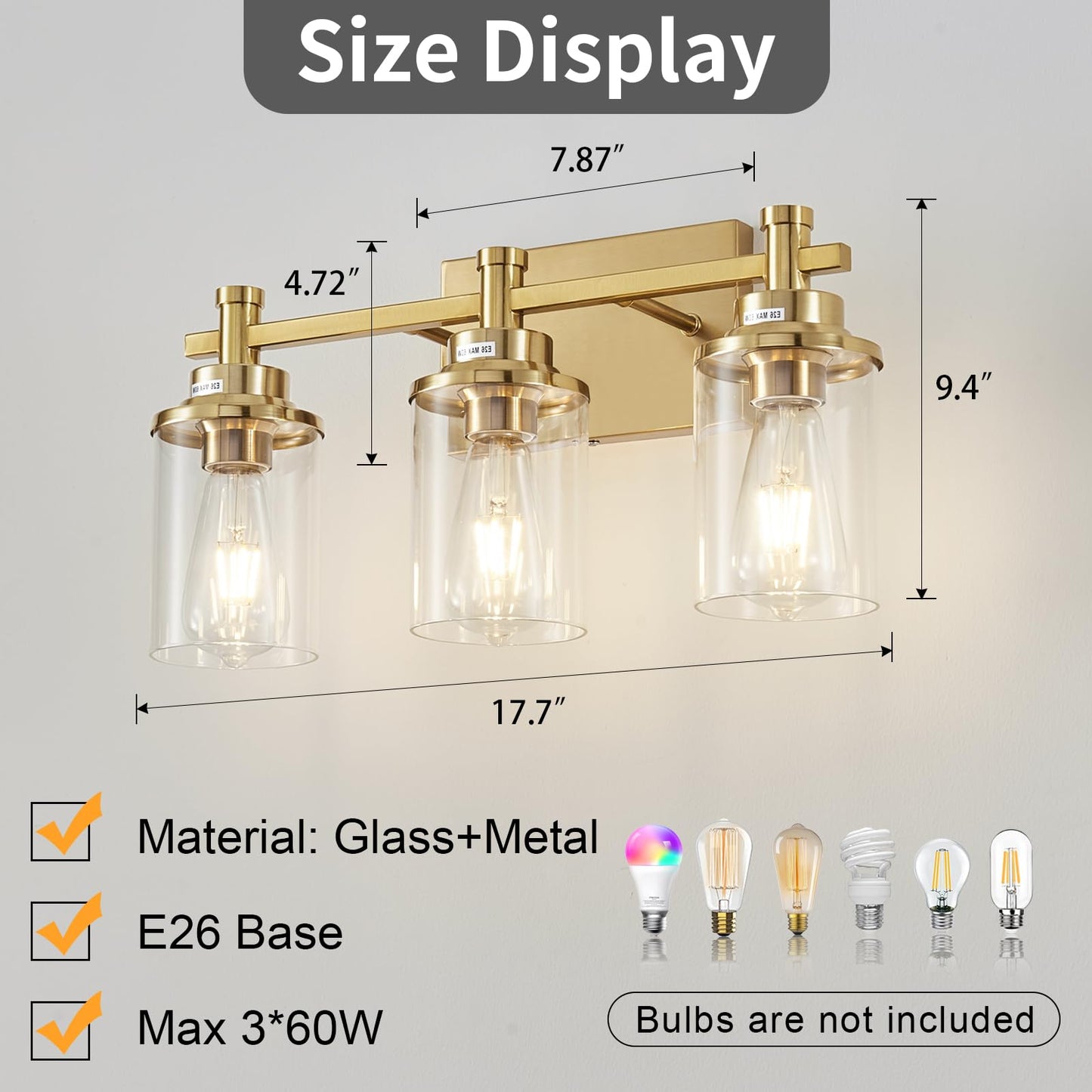 3 Light Bathroom Light Fixtures, Black and Brushed Gold Vanity Light Fixture Over Mirror, Modern Wall Sconces Lighting Wall Lamp for Bathroom, Bedroom, Hallway with Clear Glass Shade