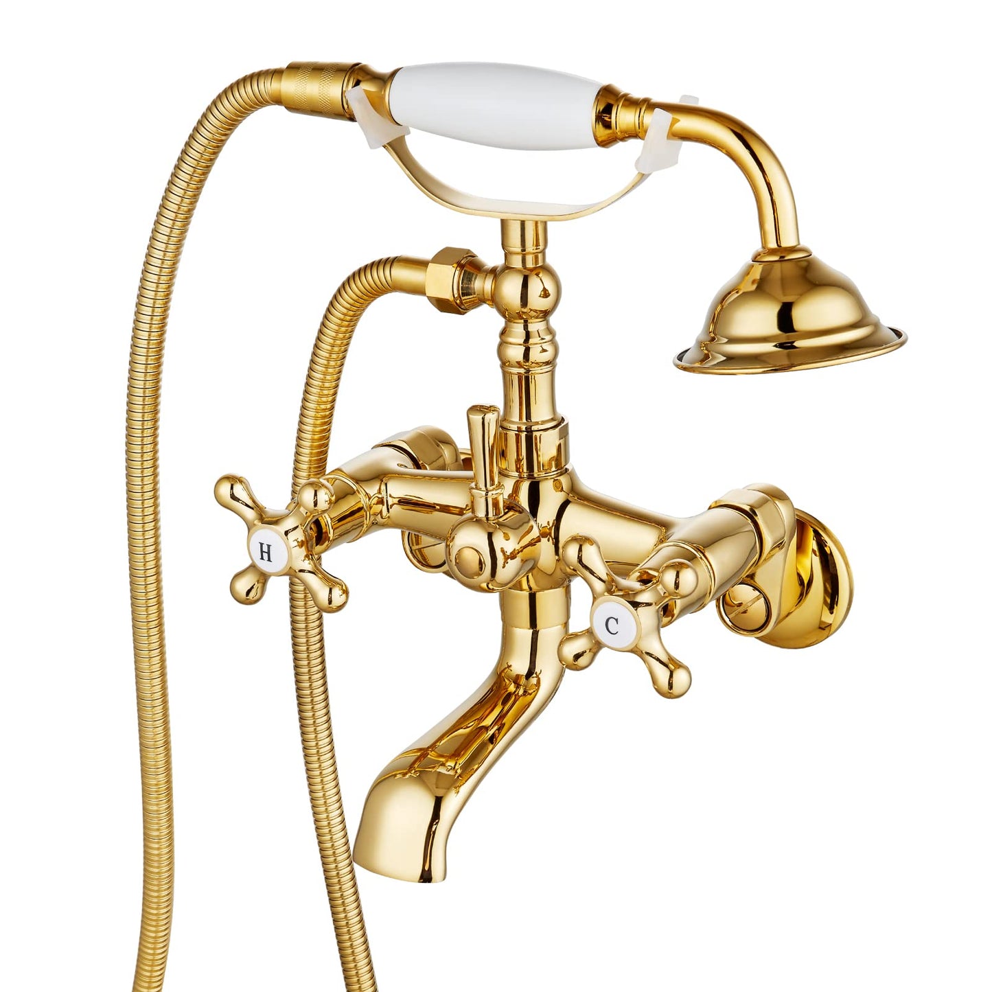 gotonovo Bathtub Clawfoot Faucet Brushed Nickel Finish Wall Mount Tub Filler with Hand Held Shower Faucet 2 Cross Handles with Tub Spout Victorian Vintage Telephone Style