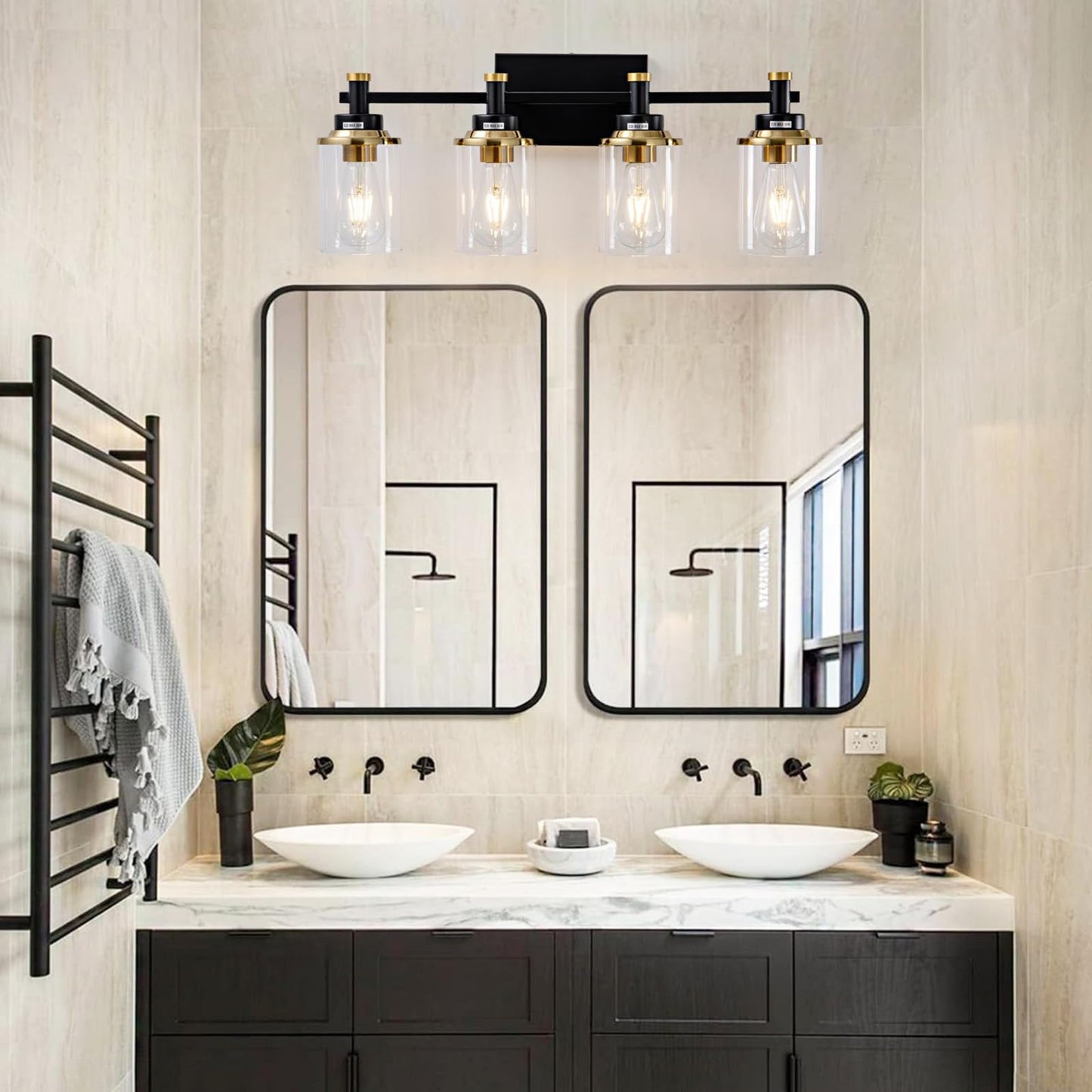 3 Light Bathroom Light Fixtures, Black and Brushed Gold Vanity Light Fixture Over Mirror, Modern Wall Sconces Lighting Wall Lamp for Bathroom, Bedroom, Hallway with Clear Glass Shade