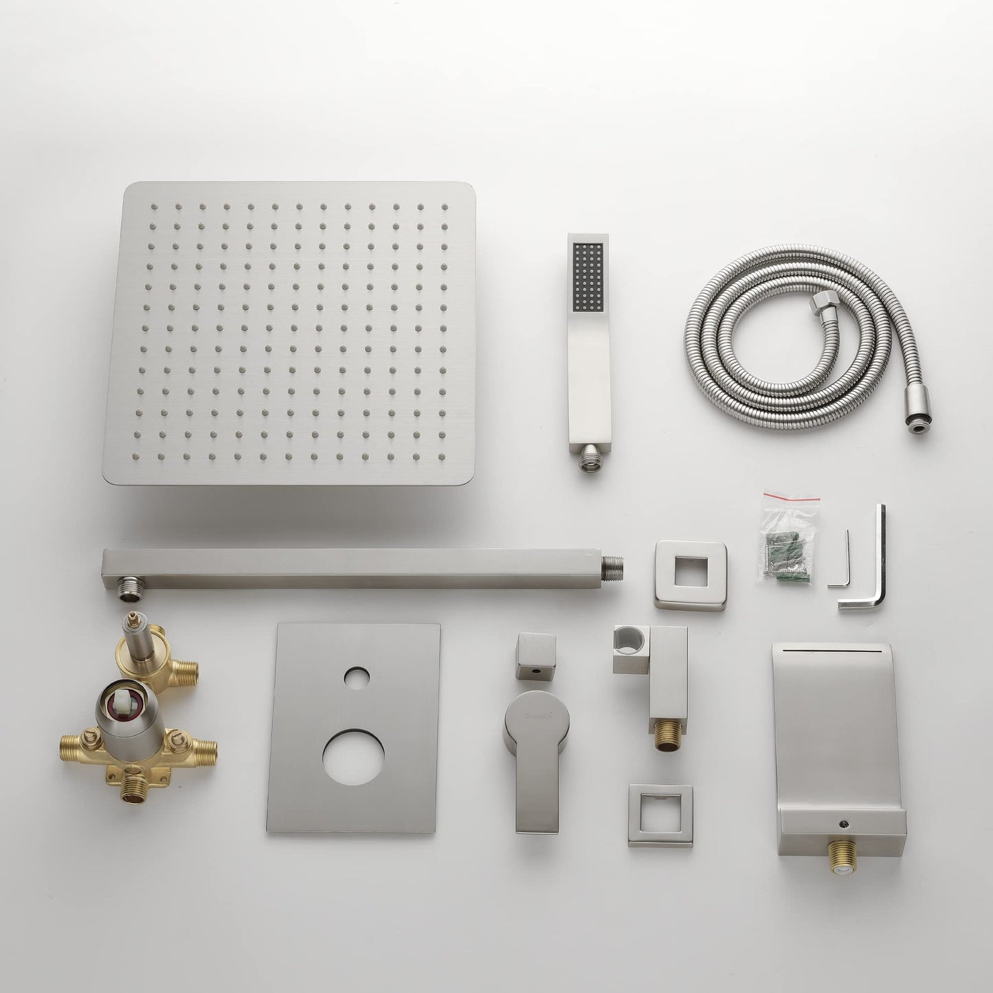 SHAMANDA Shower System with Waterfall Tub Spout and Handheld Shower Head, 12" Rain Shower Faucet Sets Complete with Shower Round-in Valve and Trim Wall Mount, Brushed Gold, L101-3