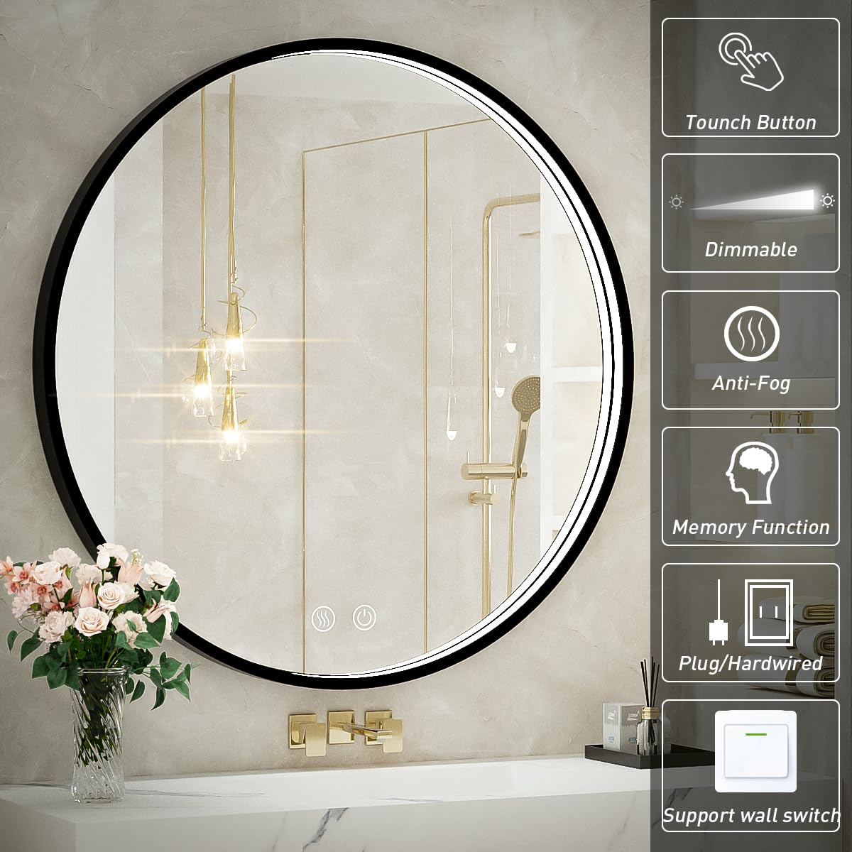 LED Round Mirror,36 Inch Gold Frame Bathroom Mirror with Light,6000K Lighted Vanity Mirror,Wall Mounted,Anti-Fog & Dimmable Touch Switch, Waterproof IP54