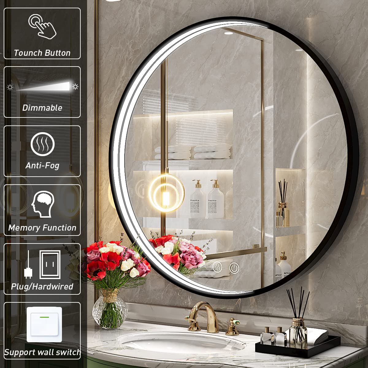 LED Round Mirror,36 Inch Gold Frame Bathroom Mirror with Light,6000K Lighted Vanity Mirror,Wall Mounted,Anti-Fog & Dimmable Touch Switch, Waterproof IP54