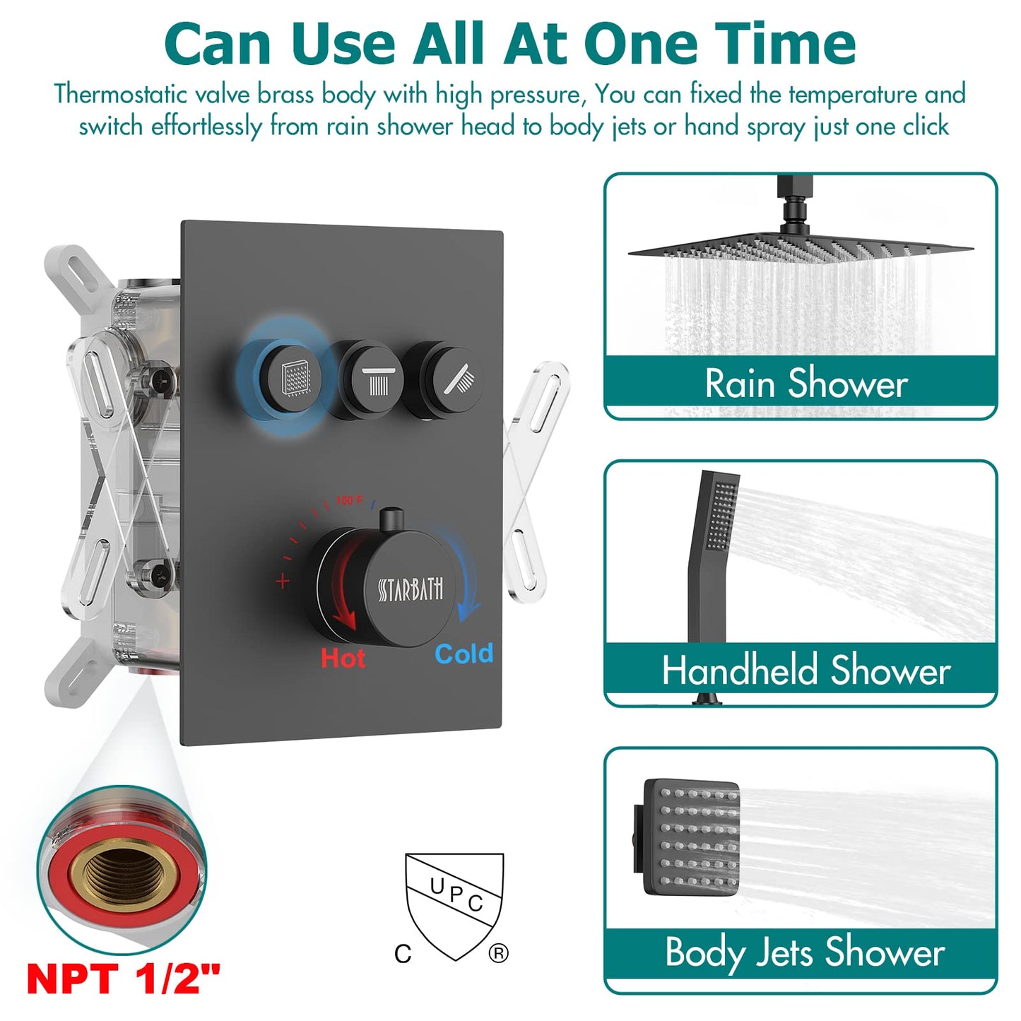 Gold Shower System, 12 Inch Shower Jets System Rain Shower Wall Mounted Body Spray Shower Faucet with Handheld and 6 Shower Jets Thermostatic Valve Body Can Use All Together-Brushed Gold