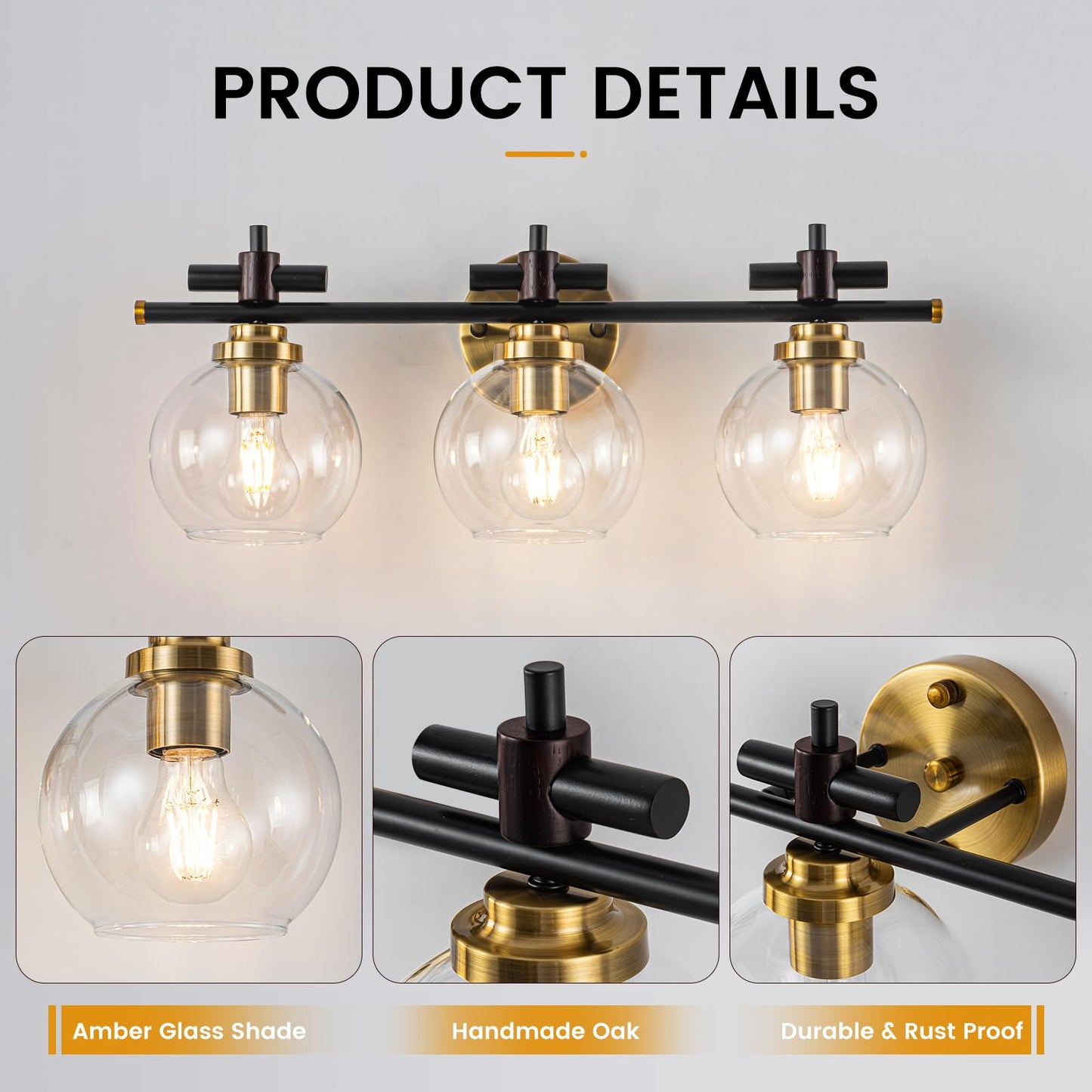 Bathroom Vanity Light, 3-Lights Vanity Lights for Bathroom, Bathroom Light Fixtures Over Mirror with Amber Glass Shade, 23 inch Modern Vanity Light (Amber Glass, 3 Lights)