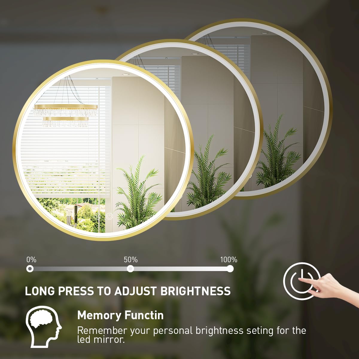 LED Round Mirror,36 Inch Gold Frame Bathroom Mirror with Light,6000K Lighted Vanity Mirror,Wall Mounted,Anti-Fog & Dimmable Touch Switch, Waterproof IP54