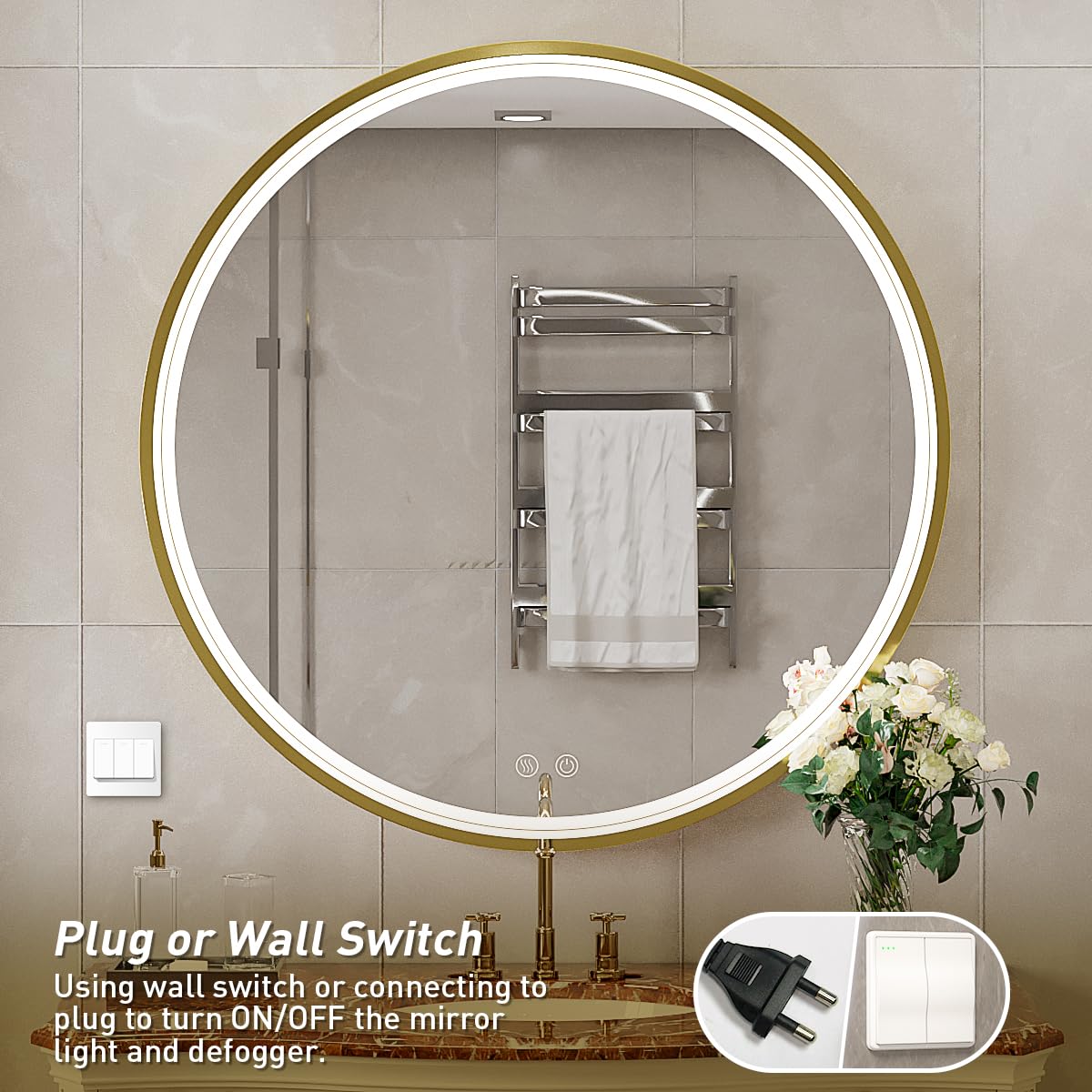 LED Round Mirror,36 Inch Gold Frame Bathroom Mirror with Light,6000K Lighted Vanity Mirror,Wall Mounted,Anti-Fog & Dimmable Touch Switch, Waterproof IP54