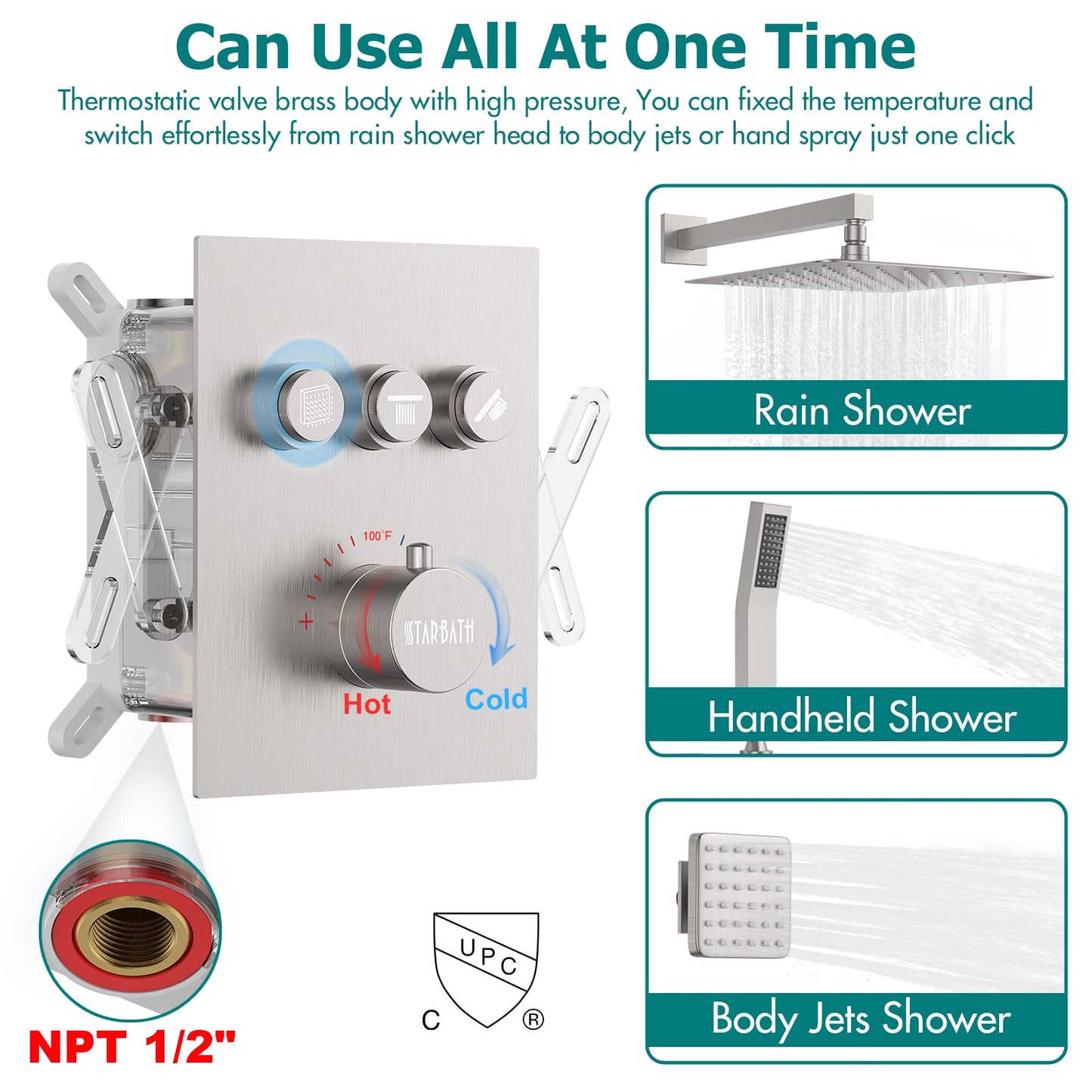 Gold Shower System, 12 Inch Shower Jets System Rain Shower Wall Mounted Body Spray Shower Faucet with Handheld and 6 Shower Jets Thermostatic Valve Body Can Use All Together-Brushed Gold