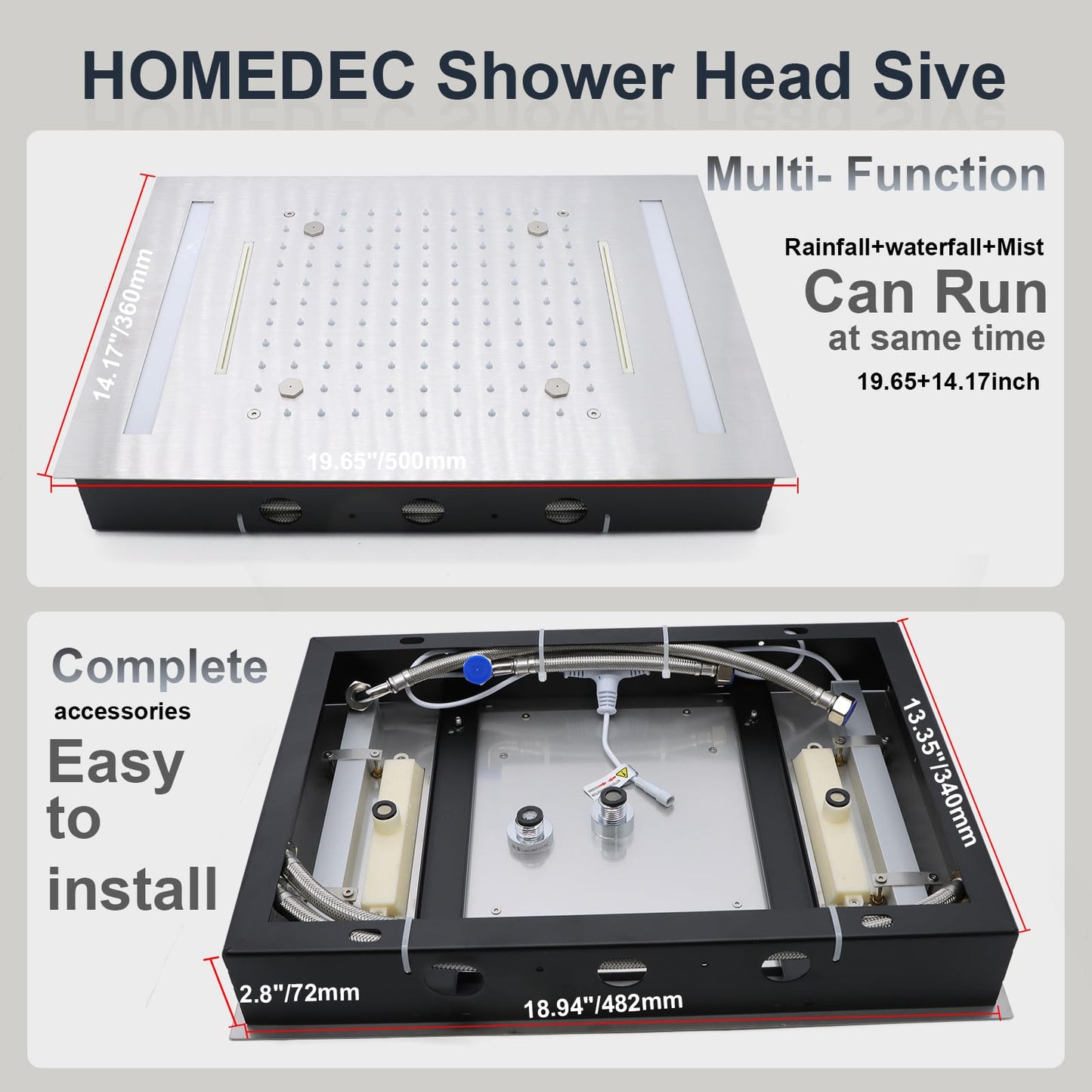 HOMEDEC 14x20inch Shower Head with 3 Functions Rainfall Waterfall Mist, High-Pressure Rainfall Spray Waterfall Shower Water Filter, Brushed Gold