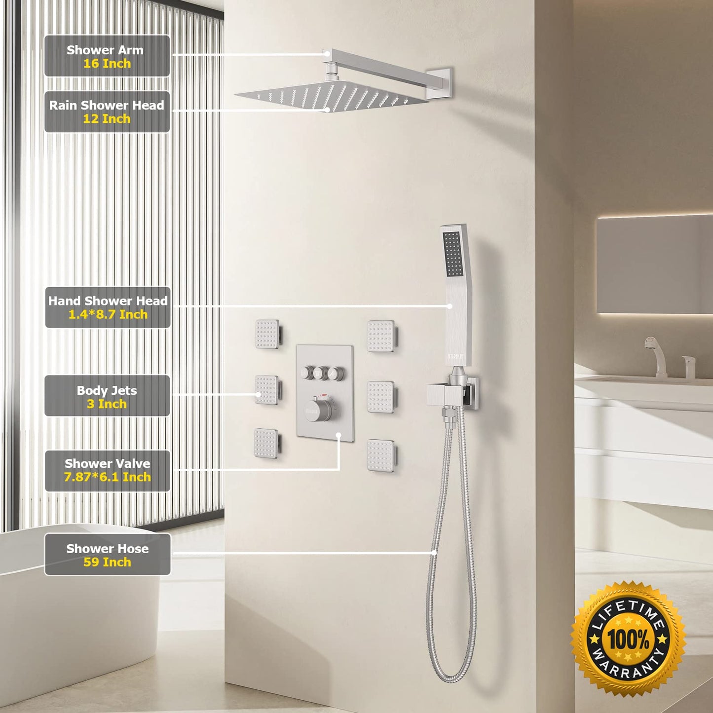 Gold Shower System, 12 Inch Shower Jets System Rain Shower Wall Mounted Body Spray Shower Faucet with Handheld and 6 Shower Jets Thermostatic Valve Body Can Use All Together-Brushed Gold