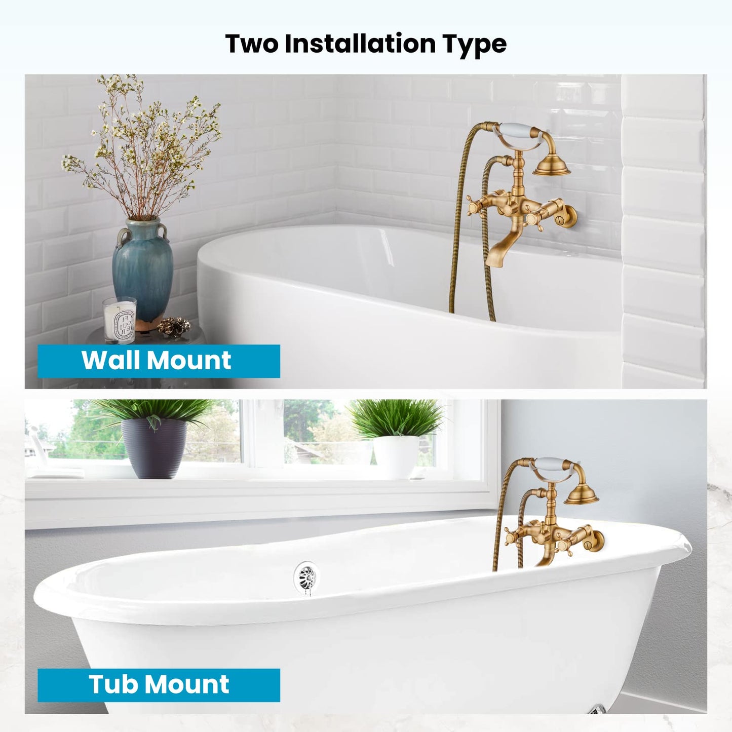 gotonovo Bathtub Clawfoot Faucet Brushed Nickel Finish Wall Mount Tub Filler with Hand Held Shower Faucet 2 Cross Handles with Tub Spout Victorian Vintage Telephone Style
