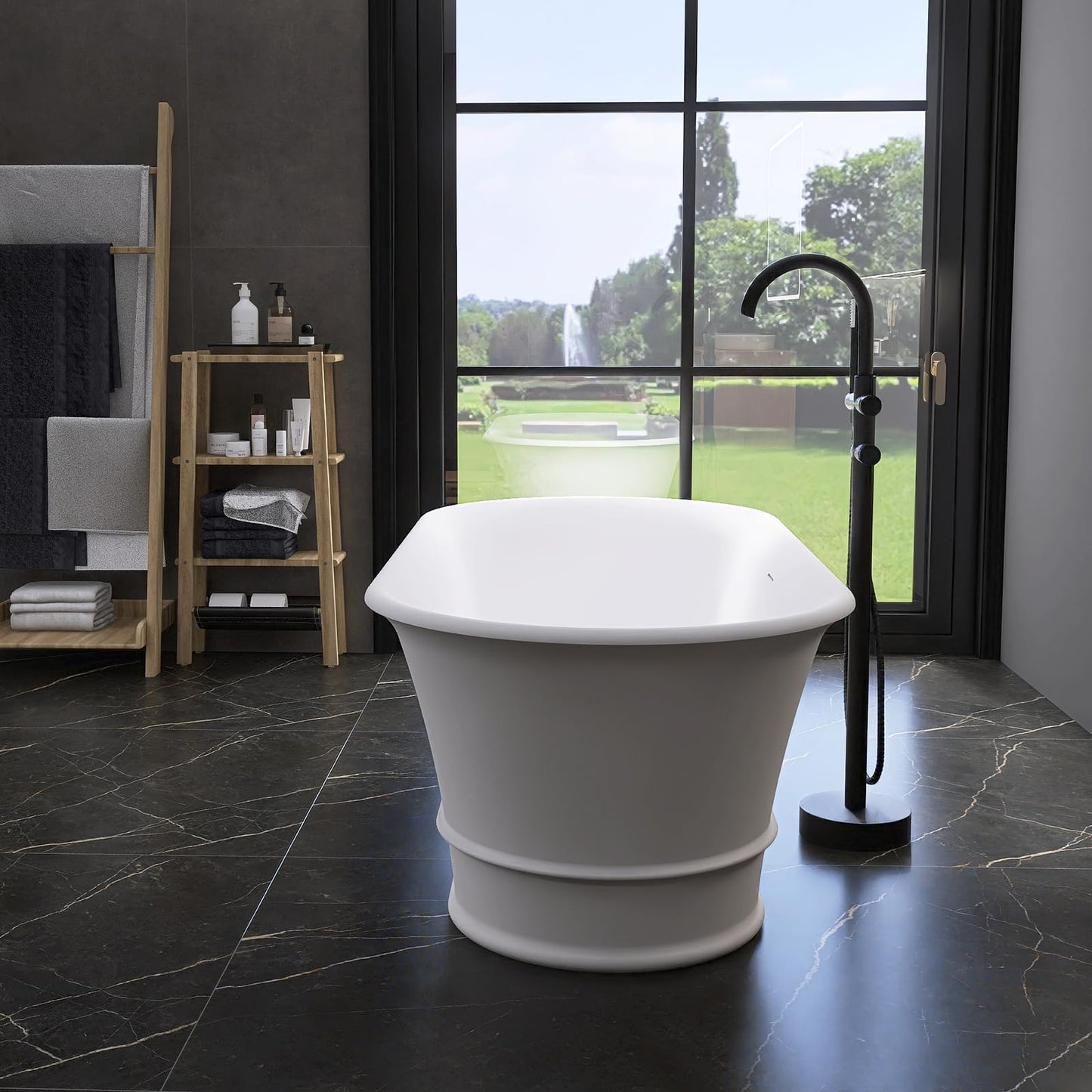 51'' Japanese Soaking Tub Freestanding Bathtub Resin Stone Bathtubs Deep soaking Tub with Overflow and Pop-up Drain - White