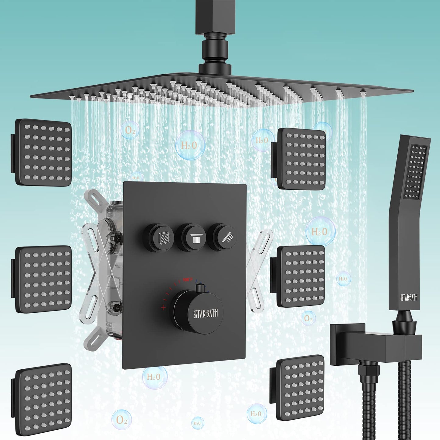 Gold Shower System, 12 Inch Shower Jets System Rain Shower Wall Mounted Body Spray Shower Faucet with Handheld and 6 Shower Jets Thermostatic Valve Body Can Use All Together-Brushed Gold