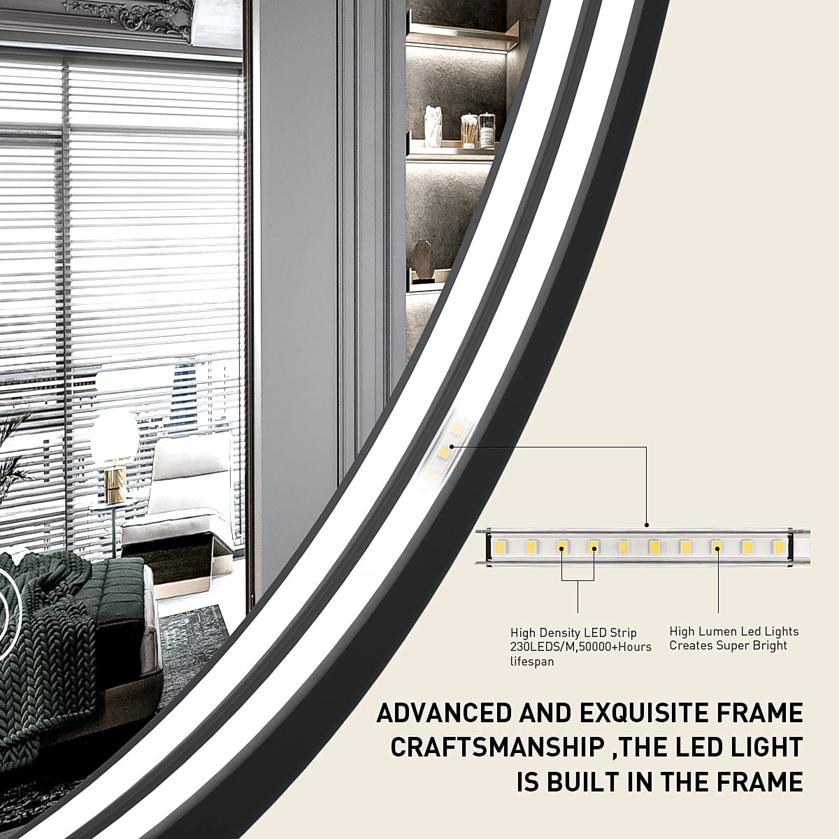 LED Round Mirror,36 Inch Gold Frame Bathroom Mirror with Light,6000K Lighted Vanity Mirror,Wall Mounted,Anti-Fog & Dimmable Touch Switch, Waterproof IP54