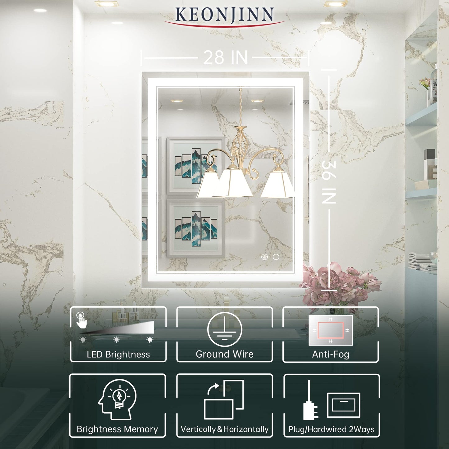 Keonjinn LED Bathroom Mirror 55 x 30 Inch Large Bathroom Mirror with Front Lights Lighted Vanity Mirror Wall Mounted Makeup Mirror Anti-Fog Dimmable Tempered Glass (Horizontal/Vertical)