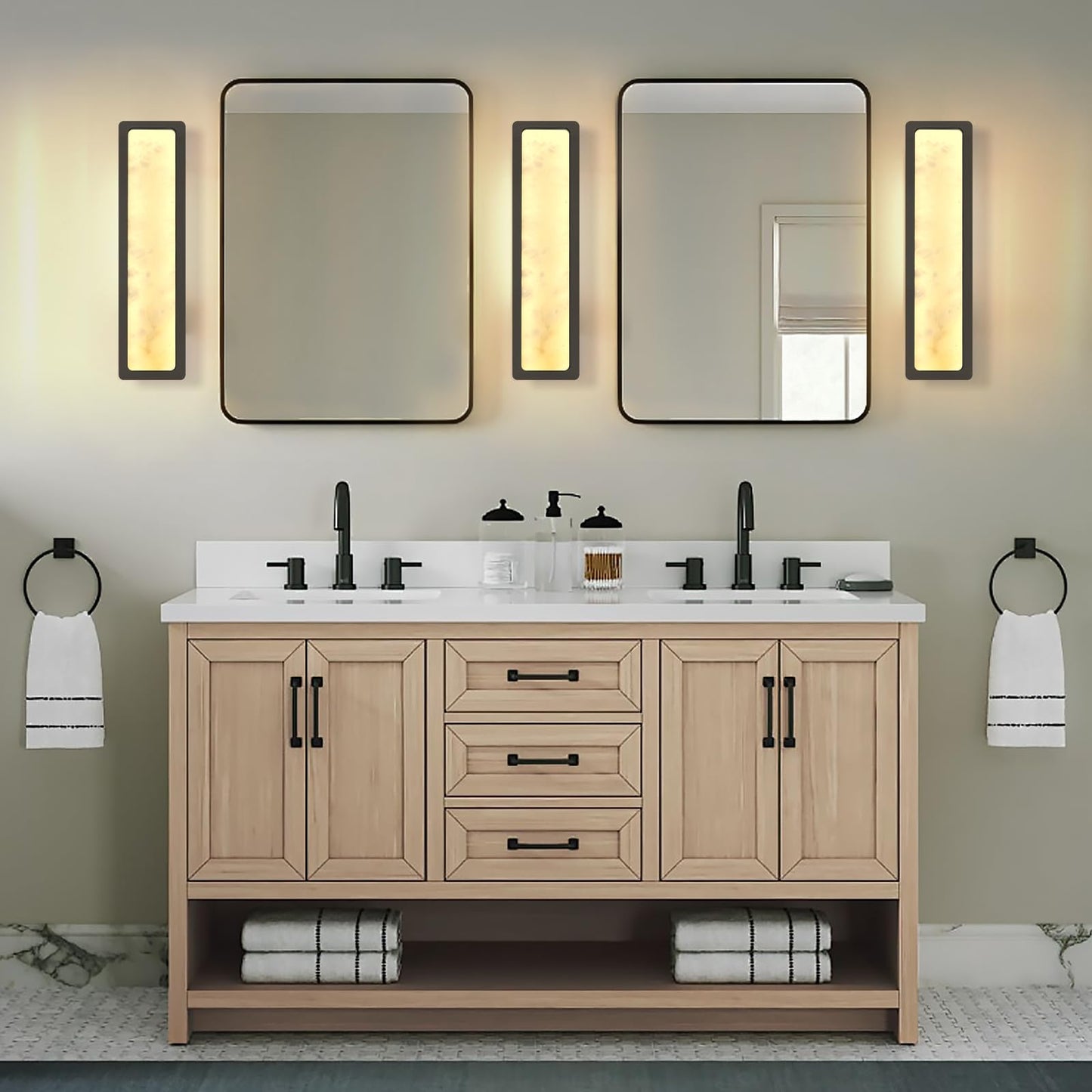 Modern Alabaster Wall Sconces Set of Two, 20" Gold Bathroom Sconces Wall Lighting Brass Sconce Vanity Light Indoor Natural Marble Wall Lights for Living Room, Dining Room, Bedroom, Stairs, Foyer