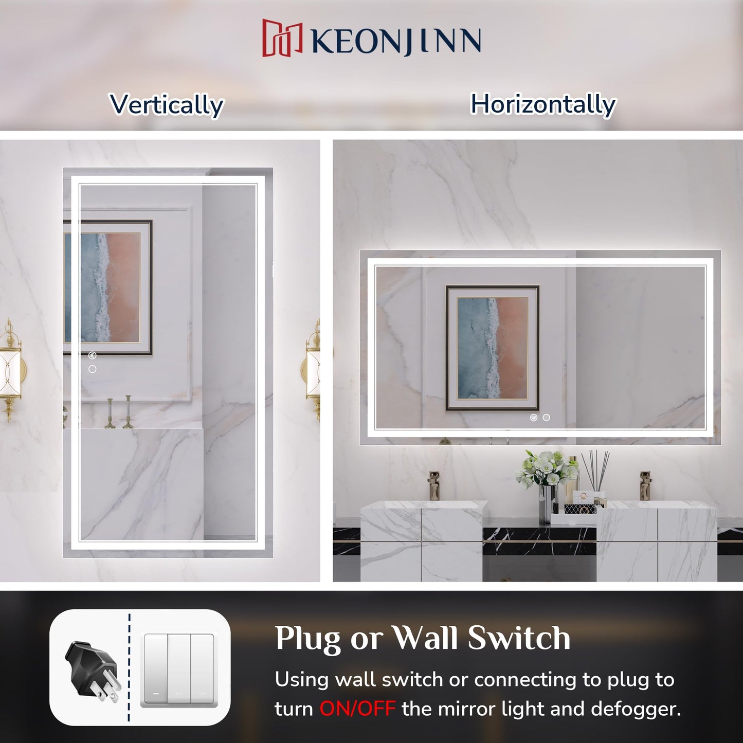 Keonjinn LED Bathroom Mirror 55 x 30 Inch Large Bathroom Mirror with Front Lights Lighted Vanity Mirror Wall Mounted Makeup Mirror Anti-Fog Dimmable Tempered Glass (Horizontal/Vertical)