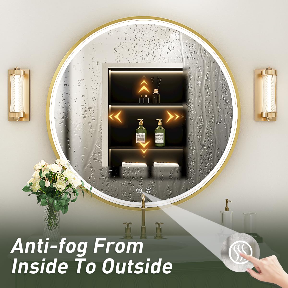 LED Round Mirror,36 Inch Gold Frame Bathroom Mirror with Light,6000K Lighted Vanity Mirror,Wall Mounted,Anti-Fog & Dimmable Touch Switch, Waterproof IP54