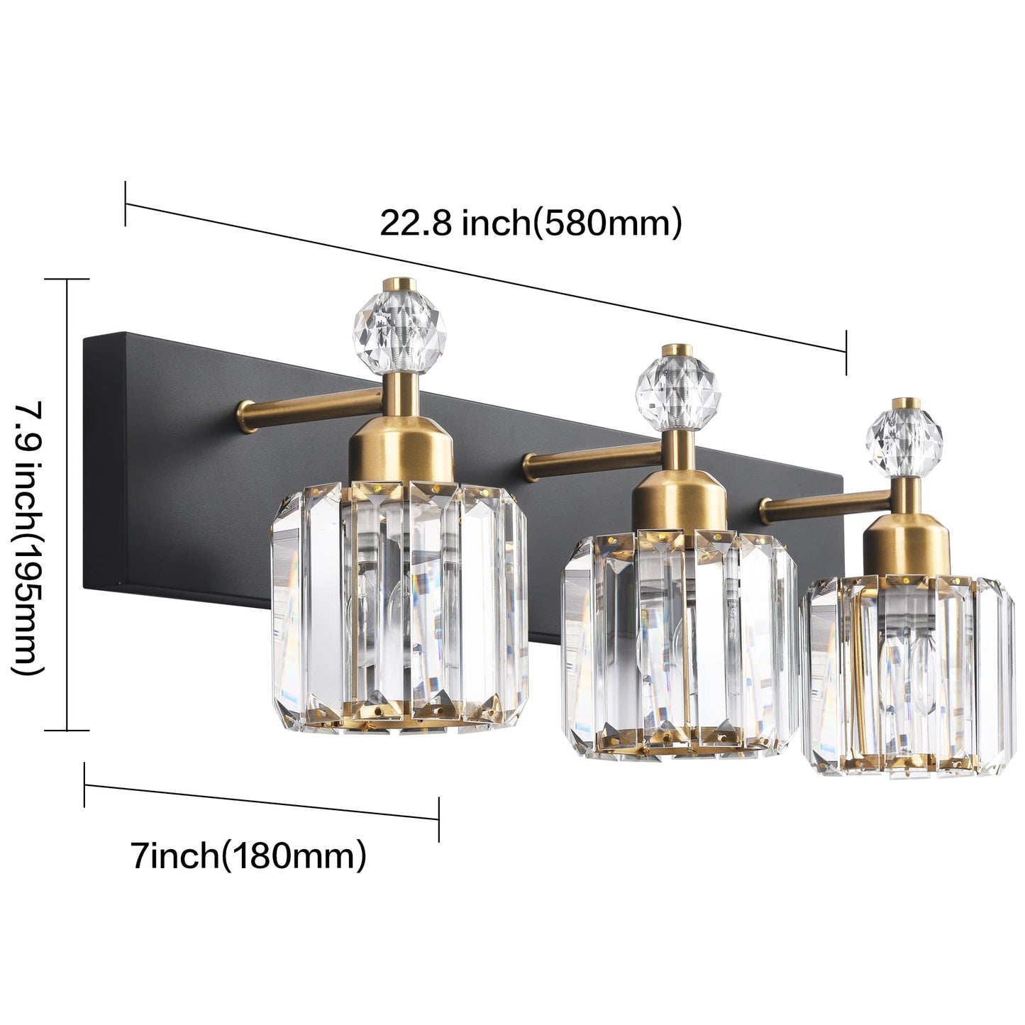 PRESDE Black Gold Crystal Bathroom Vanity Lights Fixtures Over Mirror Modern 3 Light Bath Wall Lighting