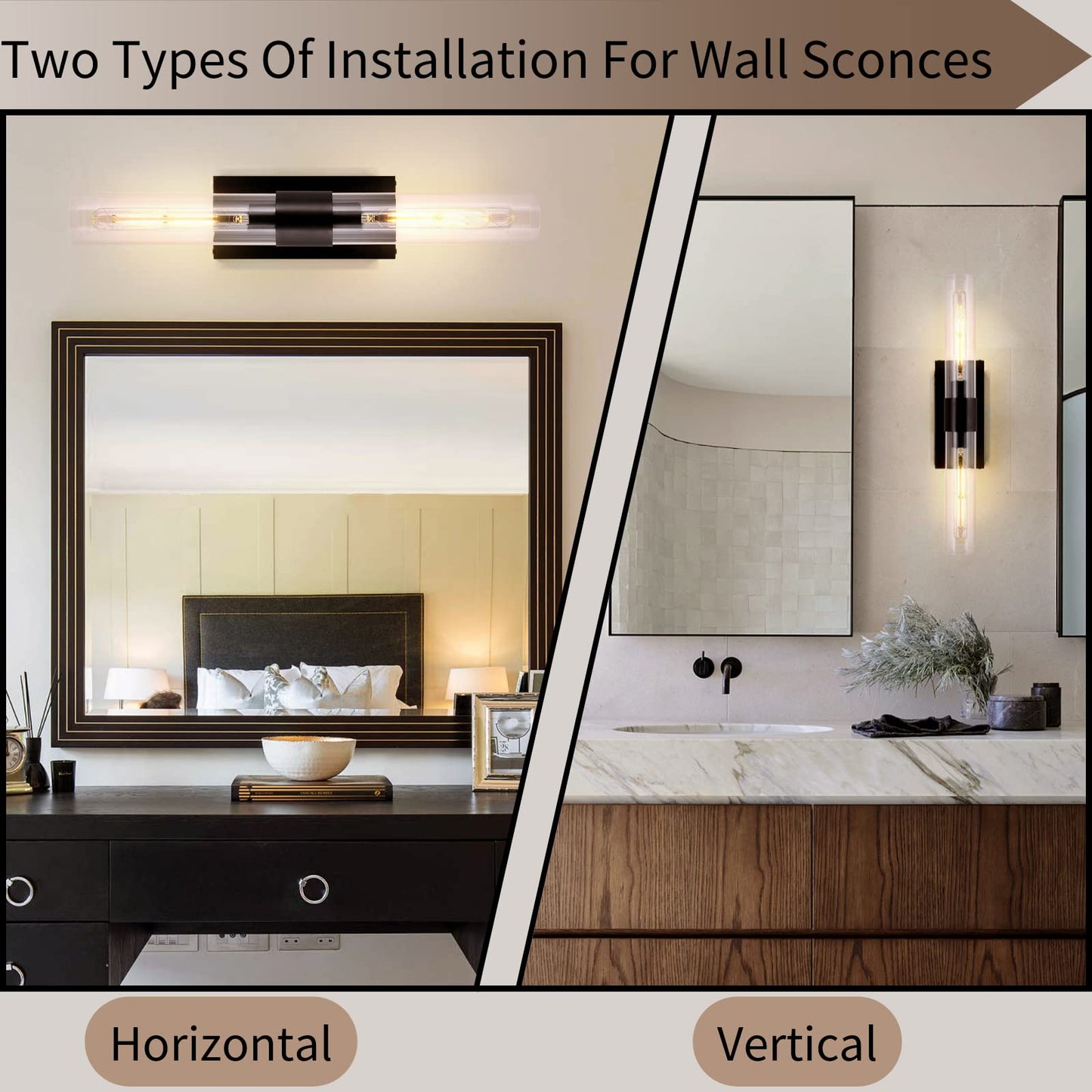 Brass Wall Sconces Set of Two, 22.8" Sconces Wall Lighting 2-Light, Gold Bathroom Vanity Wall Sconces, Glass Tube Wall Sconces, Indoor Wall Sconces for Bathroom, Bedroom, Vanity, Hallway