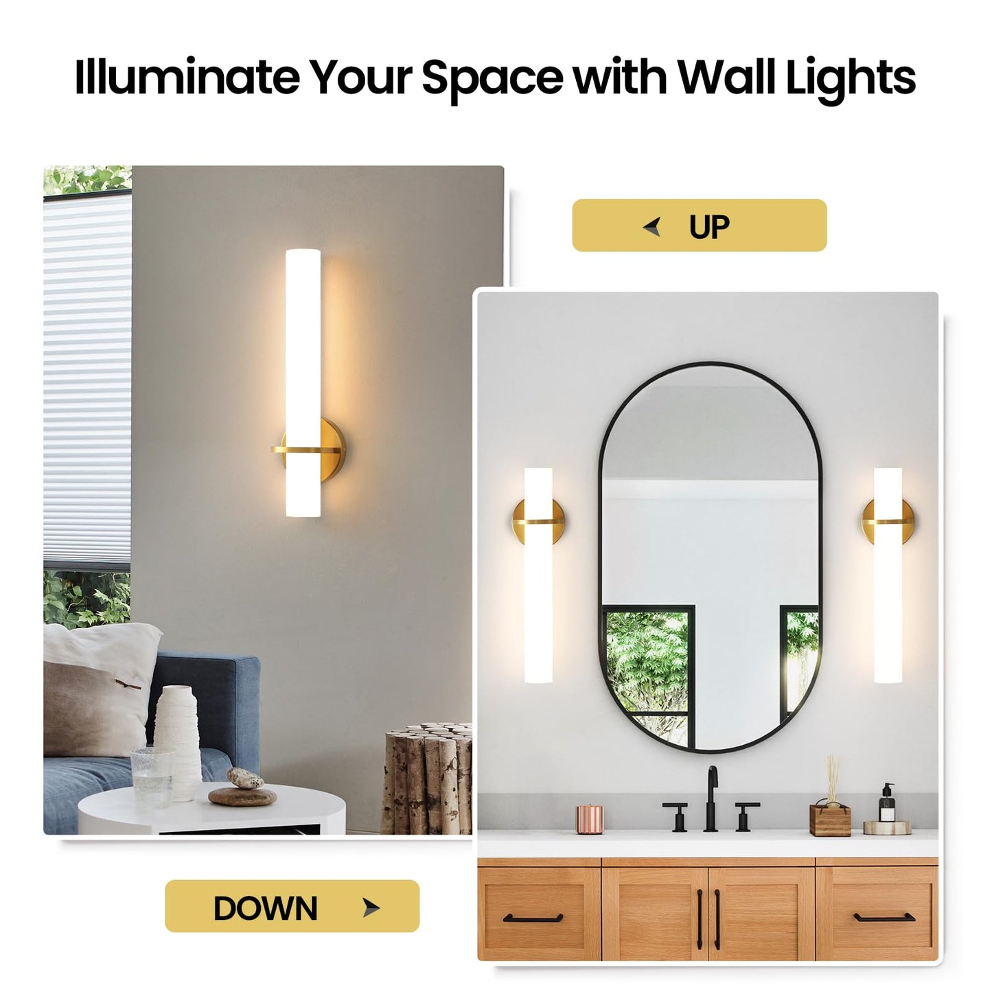 Gold Wall Sconces Set of Two - Dimmable Modern Sconces Wall Lighting 18W 3000K Led Wall Lights Acrylic Lampshade Hardwired Wall Light Fixtures for Living Room Bedroom Bathroom Hallway 18inch