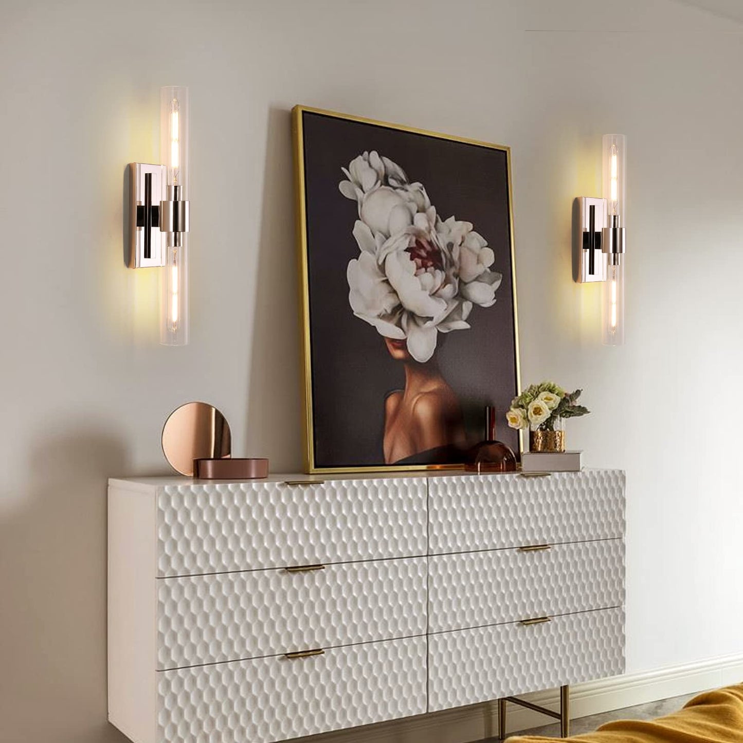 Brass Wall Sconces Set of Two, 22.8" Sconces Wall Lighting 2-Light, Gold Bathroom Vanity Wall Sconces, Glass Tube Wall Sconces, Indoor Wall Sconces for Bathroom, Bedroom, Vanity, Hallway