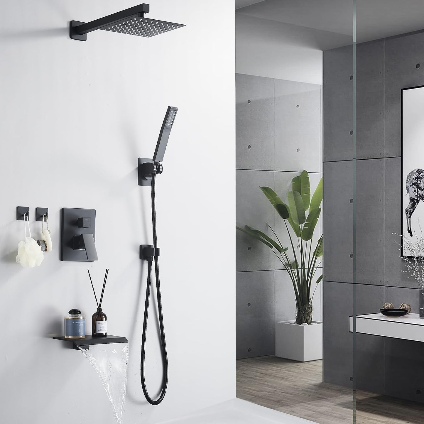 8 Inch Shower Faucet Set, Rainfall Shower System with High Pressure Handheld Shower Head, Bathroom Mixer Shower Set Wall Mounted Rough-in Valve and Trim Kit, with Tub Spout