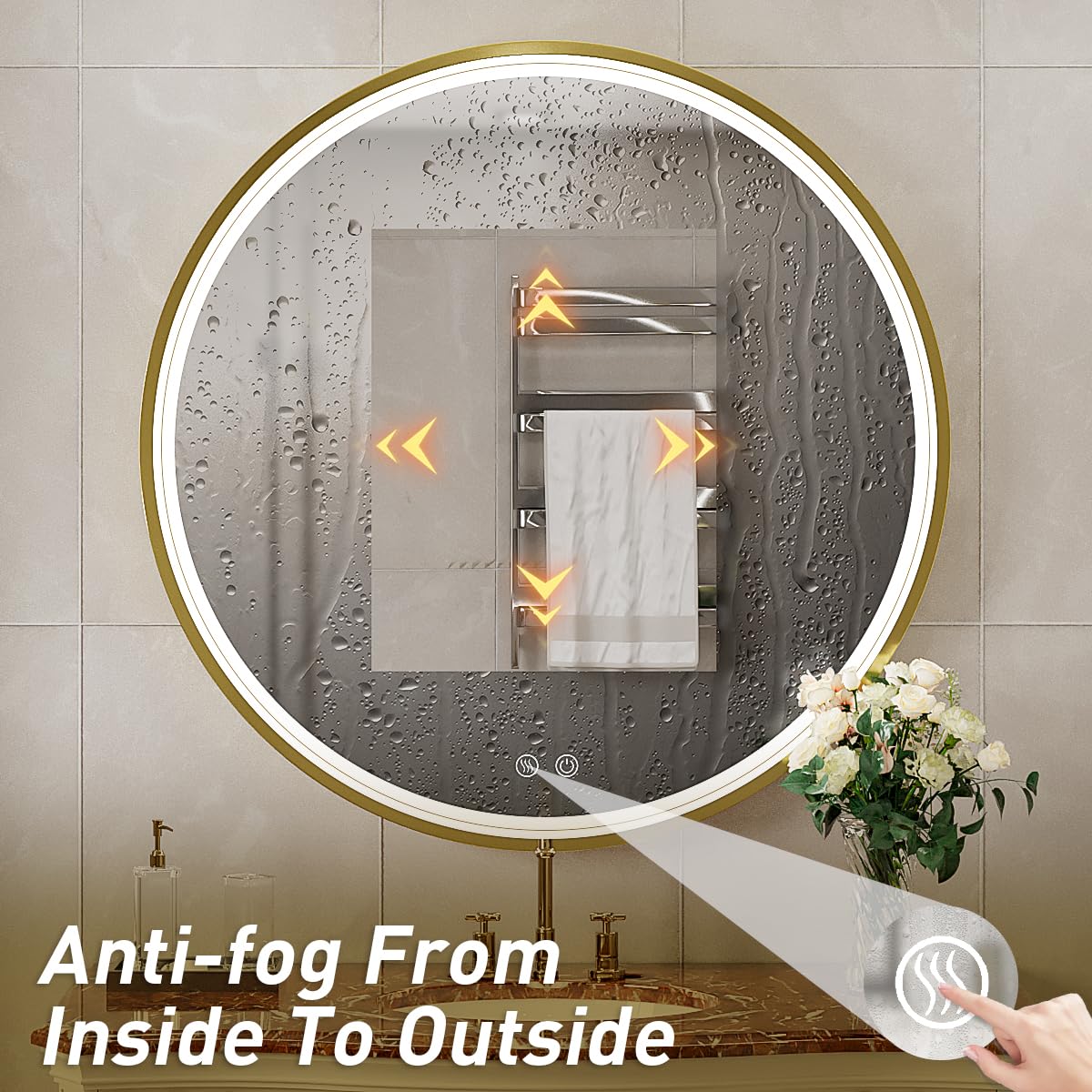 LED Round Mirror,36 Inch Gold Frame Bathroom Mirror with Light,6000K Lighted Vanity Mirror,Wall Mounted,Anti-Fog & Dimmable Touch Switch, Waterproof IP54