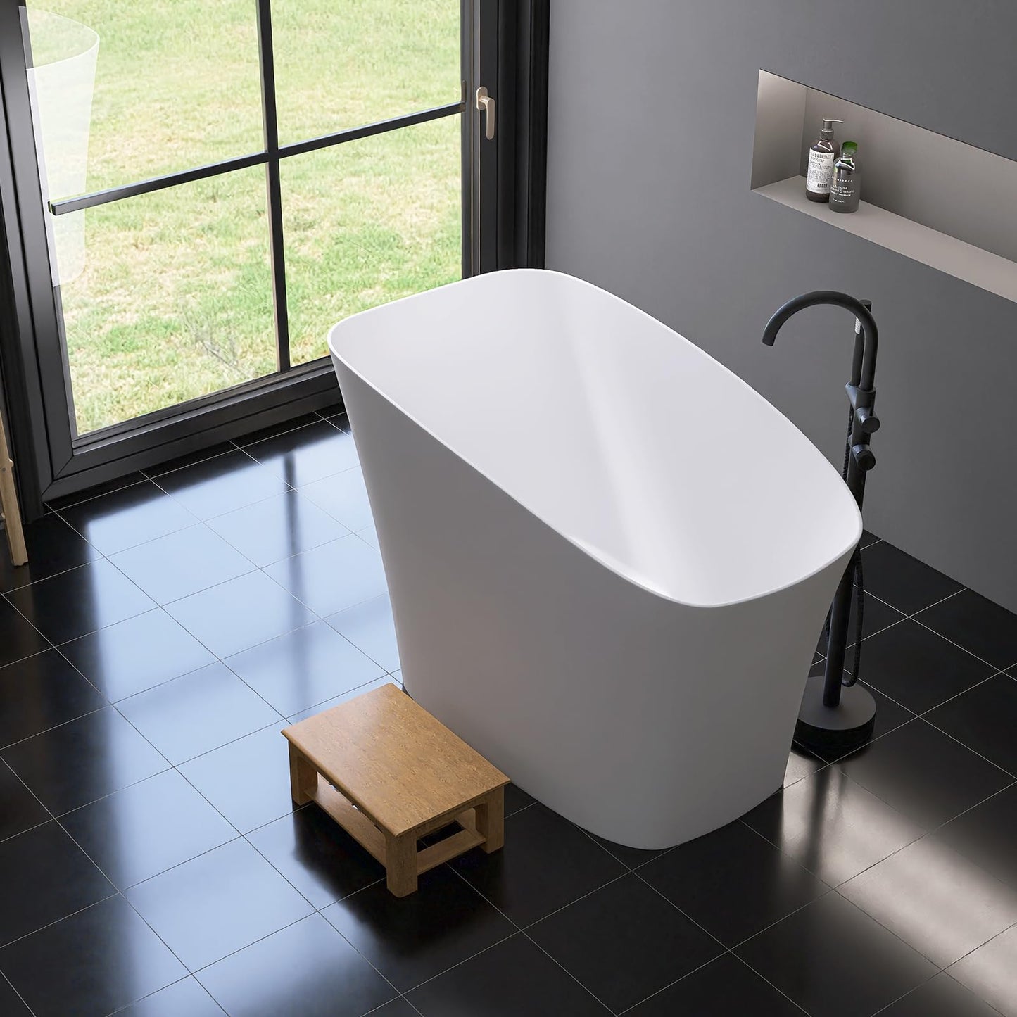 51'' Japanese Soaking Tub Freestanding Bathtub Resin Stone Bathtubs Deep soaking Tub with Overflow and Pop-up Drain - White