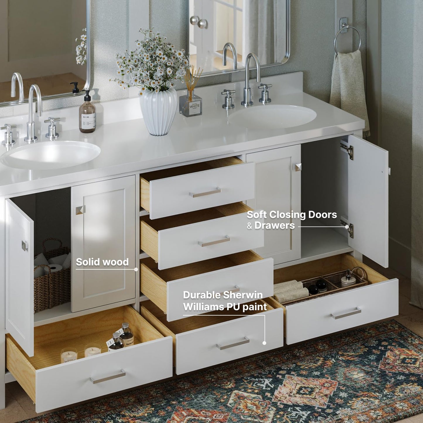 ARIEL 72" Midnight Blue Double Bathroom Vanity Base Cabinet, Double Sink Configuration, 2 Soft Closing Doors, 9 Full Extension Dovetail Drawers, Satin Brass