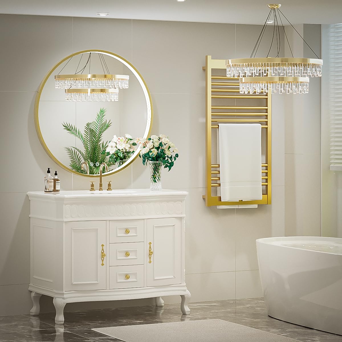 LED Round Mirror,36 Inch Gold Frame Bathroom Mirror with Light,6000K Lighted Vanity Mirror,Wall Mounted,Anti-Fog & Dimmable Touch Switch, Waterproof IP54