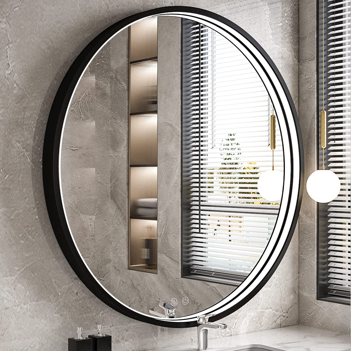 LED Round Mirror,36 Inch Gold Frame Bathroom Mirror with Light,6000K Lighted Vanity Mirror,Wall Mounted,Anti-Fog & Dimmable Touch Switch, Waterproof IP54