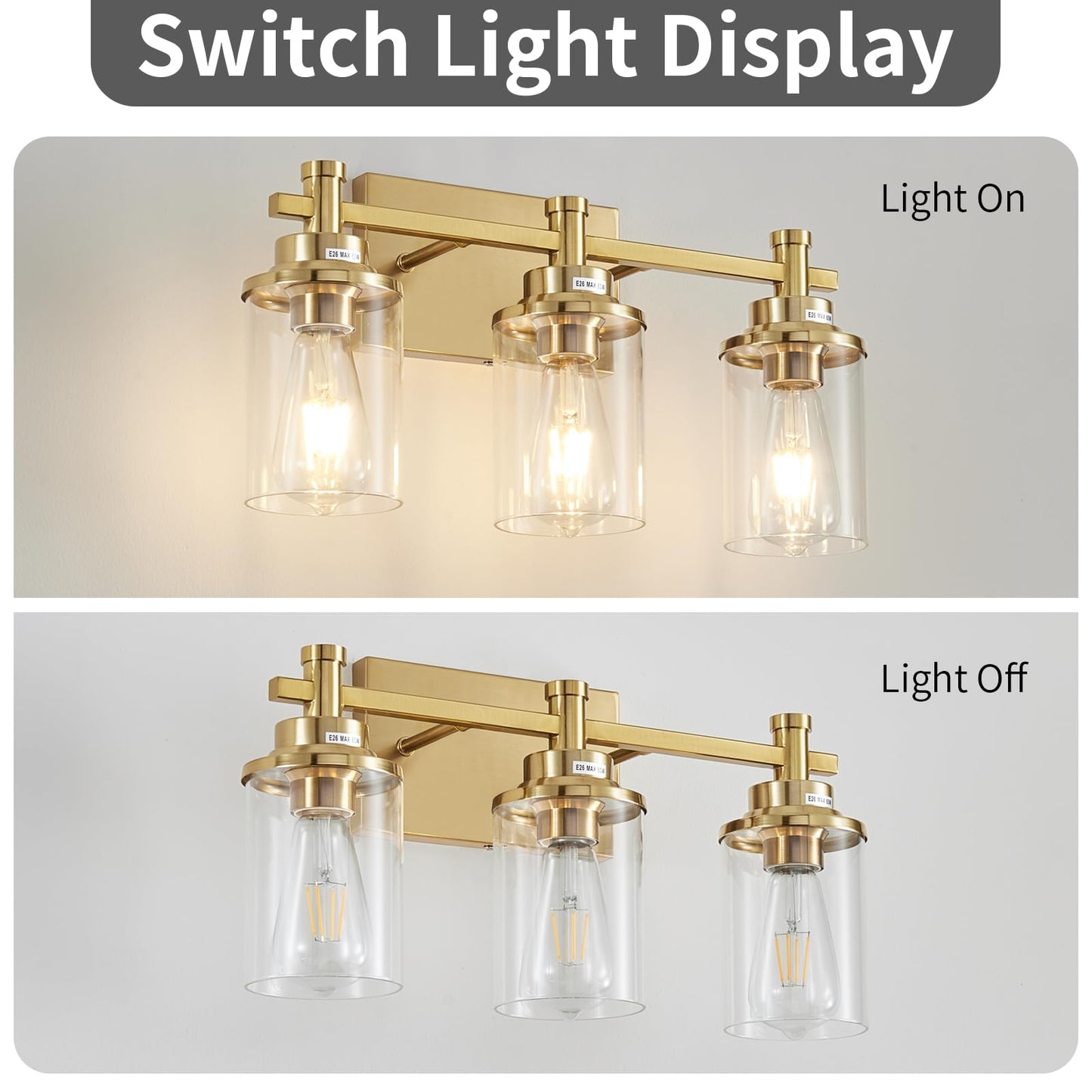 3 Light Bathroom Light Fixtures, Black and Brushed Gold Vanity Light Fixture Over Mirror, Modern Wall Sconces Lighting Wall Lamp for Bathroom, Bedroom, Hallway with Clear Glass Shade